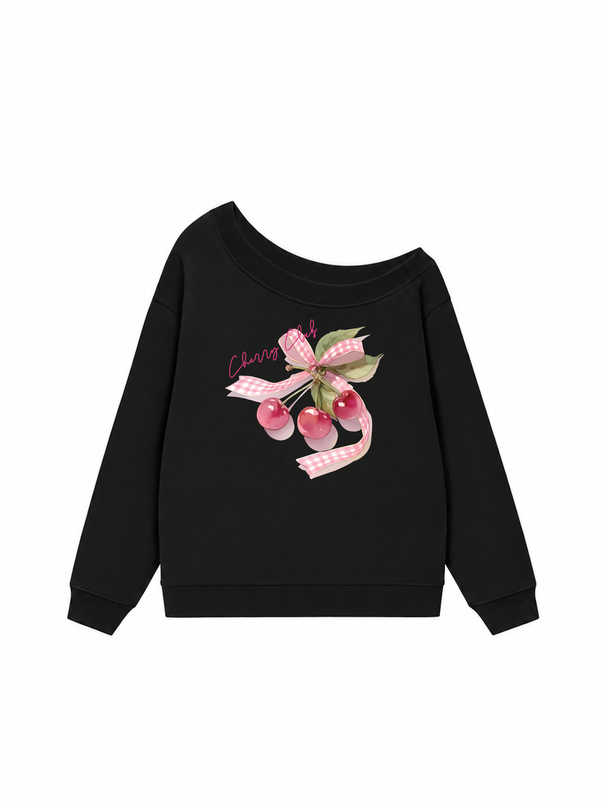 Áo Sweater Lệch Vai Nỉ Hai Da Cherry Club Pink Plaid