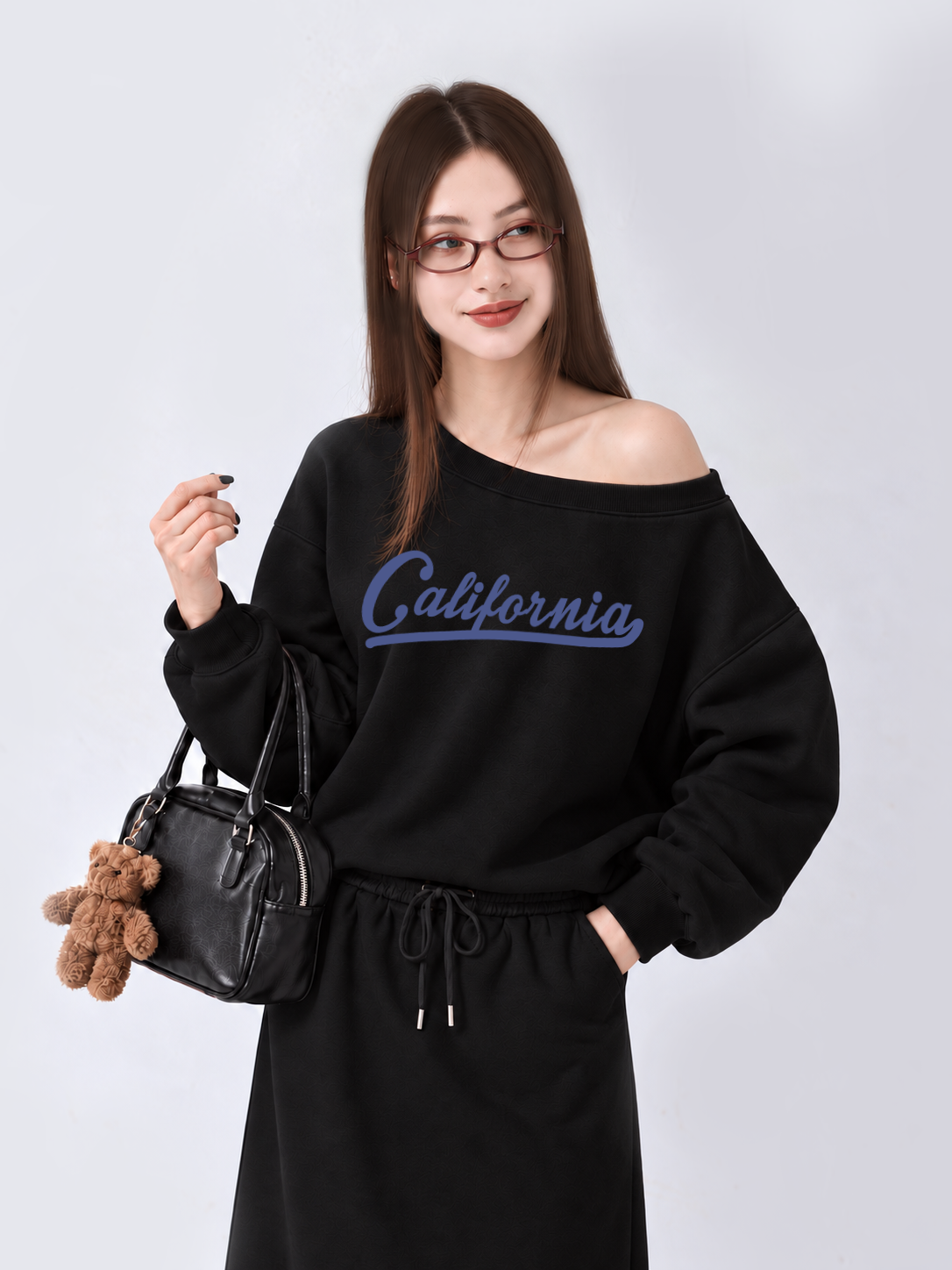 Áo Sweater Lệch Vai Nỉ Hai Da USA Califorinia Blue