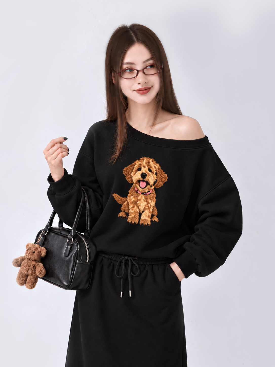 Áo Sweater Lệch Vai Nỉ Hai Da Cute Brown Puppy