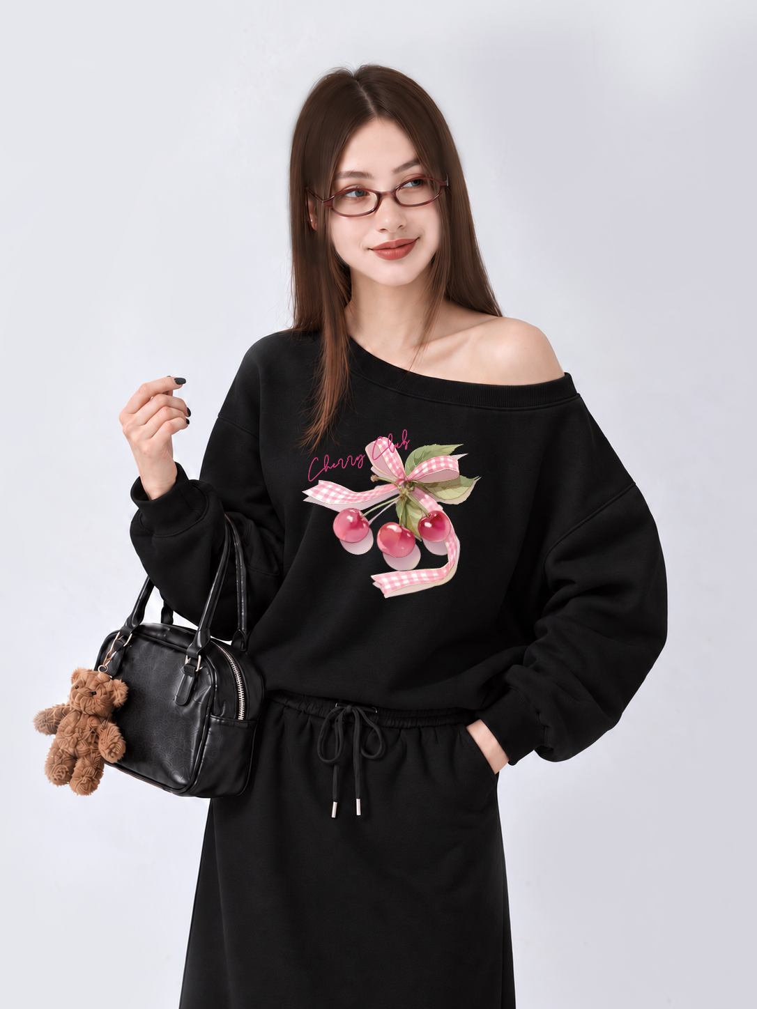Áo Sweater Lệch Vai Nỉ Hai Da Cherry Club Pink Plaid