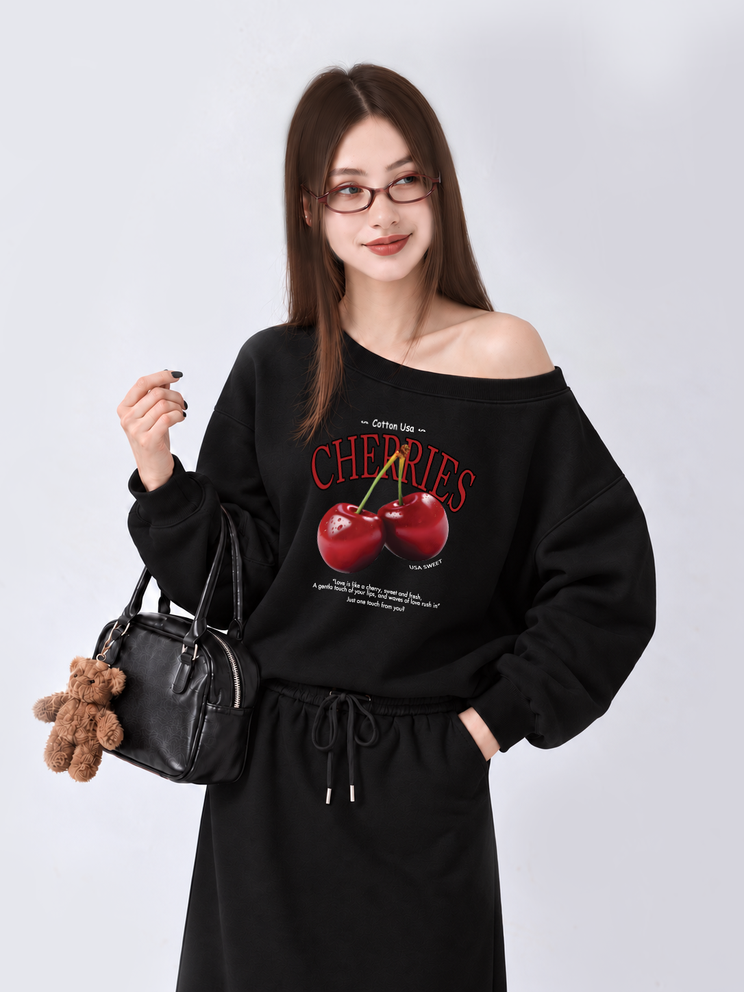 Áo Sweater Lệch Vai Nỉ Hai Da Tropical Cherries Sweet