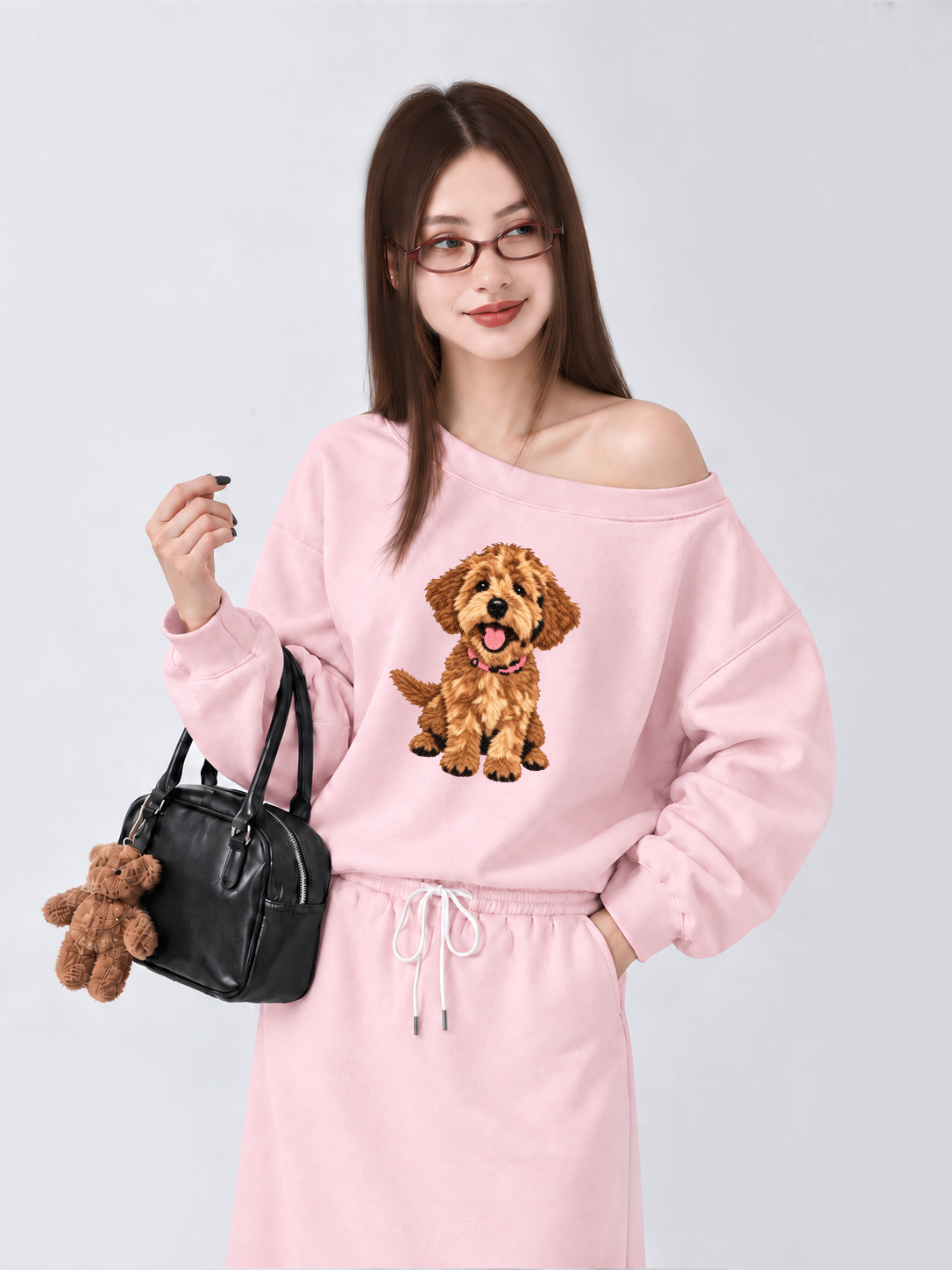Áo Sweater Lệch Vai Nỉ Hai Da Cute Brown Puppy