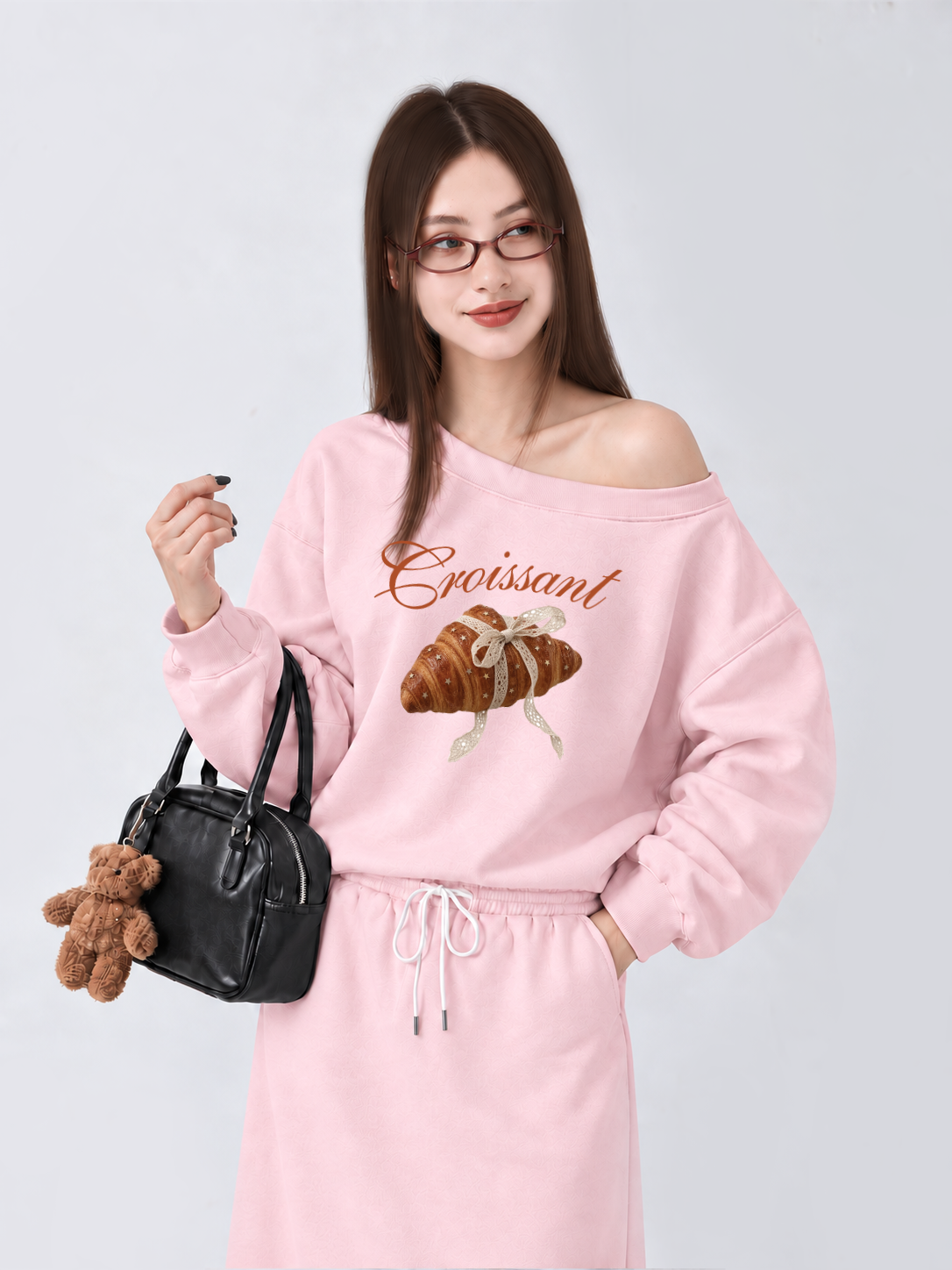 Áo Sweater Lệch Vai Nỉ Hai Da Coquette Croissant