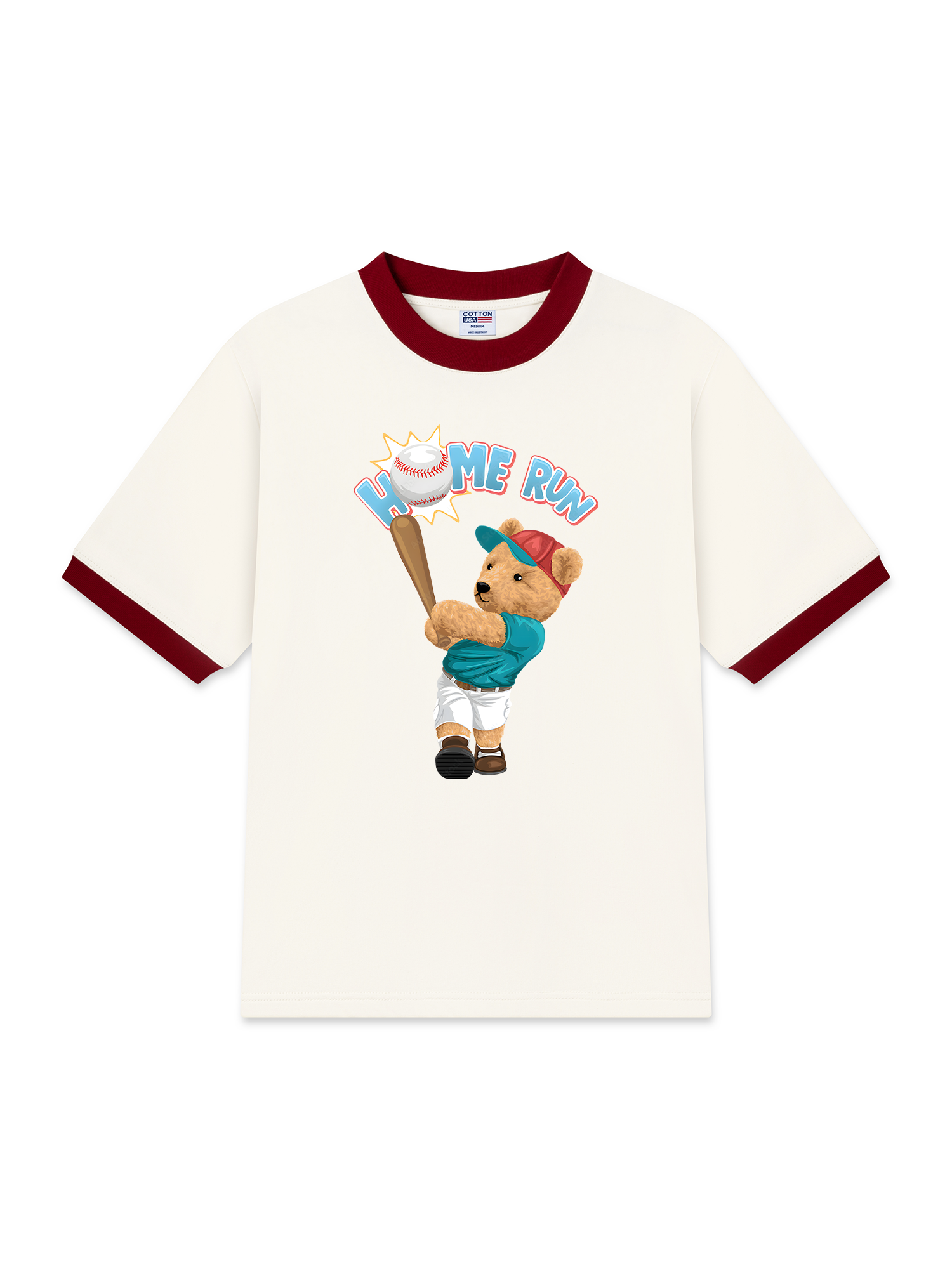 Áo Thun Ringer Relaxed Fit Baseball Home Run Teddy Bear