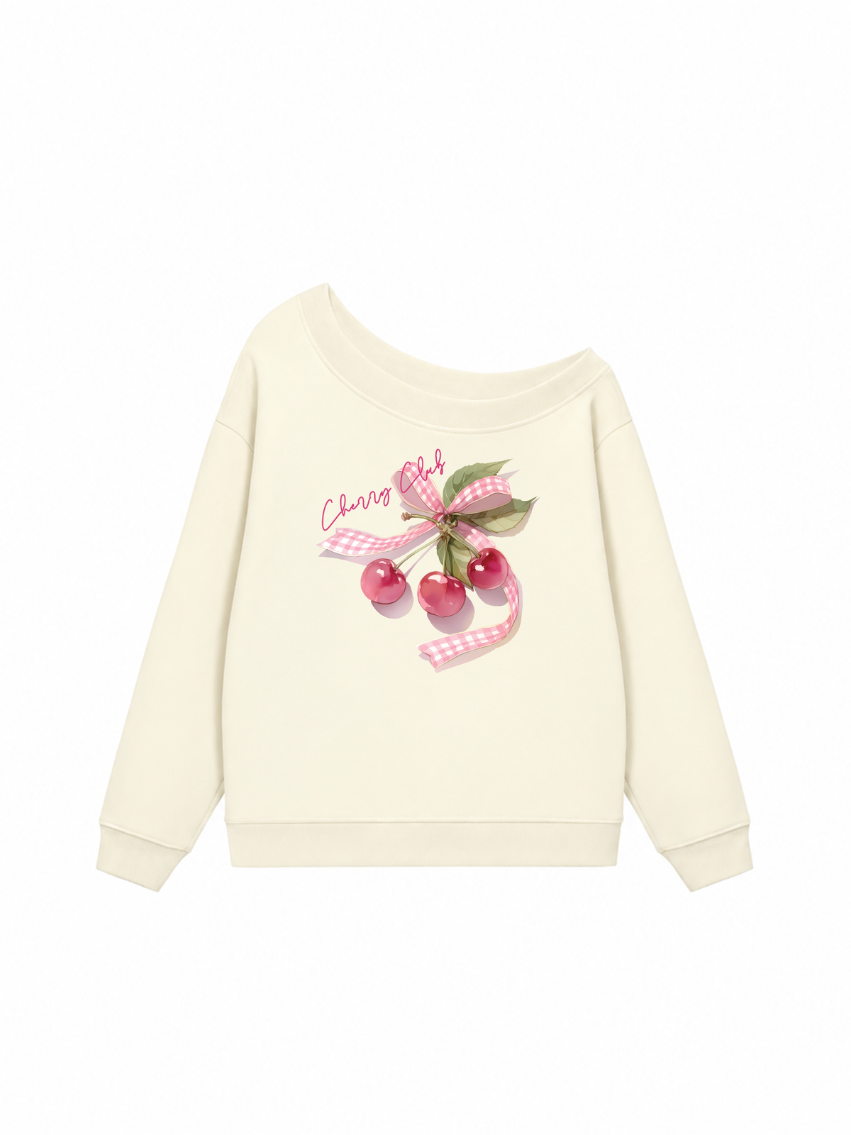 Áo Sweater Lệch Vai Nỉ Hai Da Cherry Club Pink Plaid