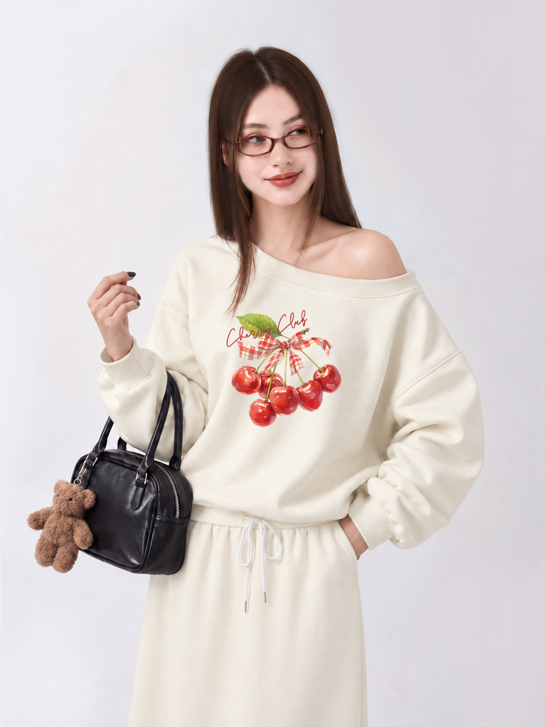 Áo Sweater Lệch Vai Nỉ Hai Da Cherry Red Cherry Club
