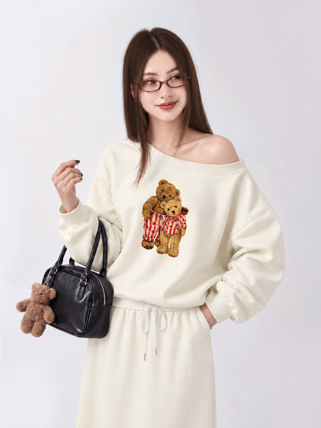 Áo Sweater Lệch Vai Nỉ Hai Da Couple Bear Go To Bed