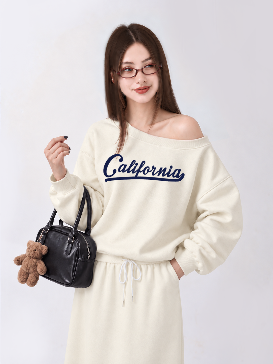 Áo Sweater Lệch Vai Nỉ Hai Da USA Califorinia Blue