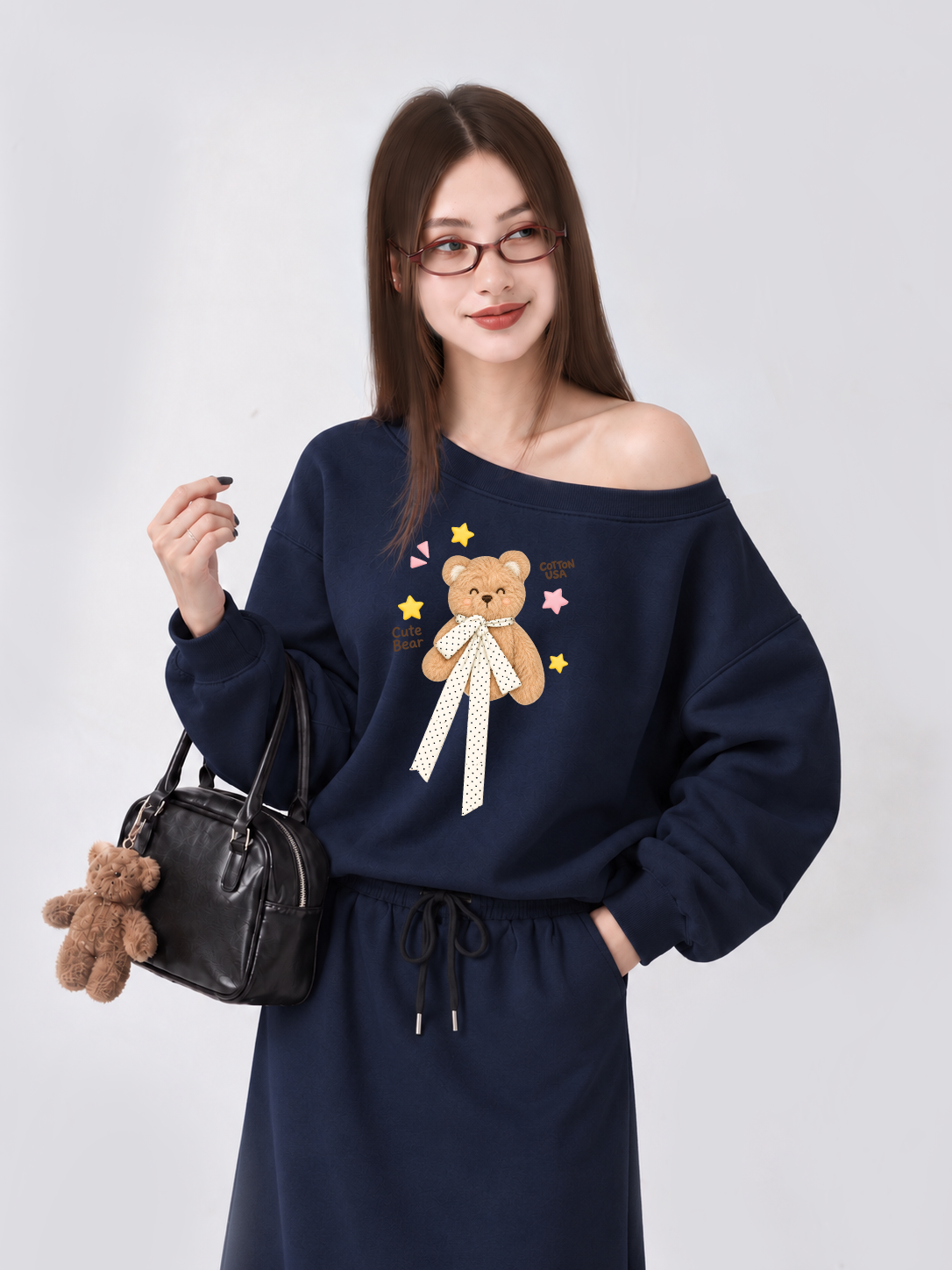 Áo Sweater Lệch Vai Nỉ Hai Da Cute Bear