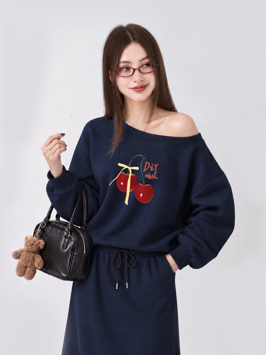 Áo Sweater Lệch Vai Nỉ Hai Da Cherry Yellow Bow