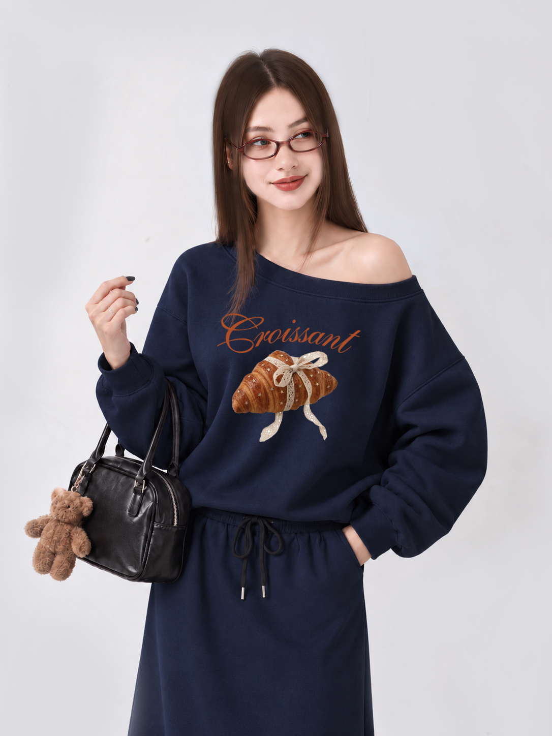 Áo Sweater Lệch Vai Nỉ Hai Da Coquette Croissant
