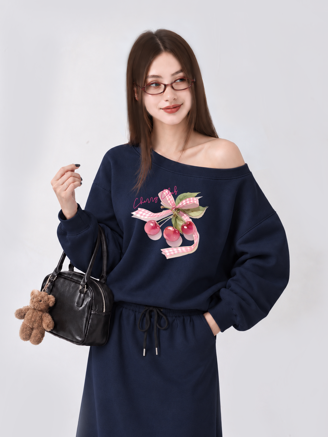 Áo Sweater Lệch Vai Nỉ Hai Da Cherry Club Pink Plaid