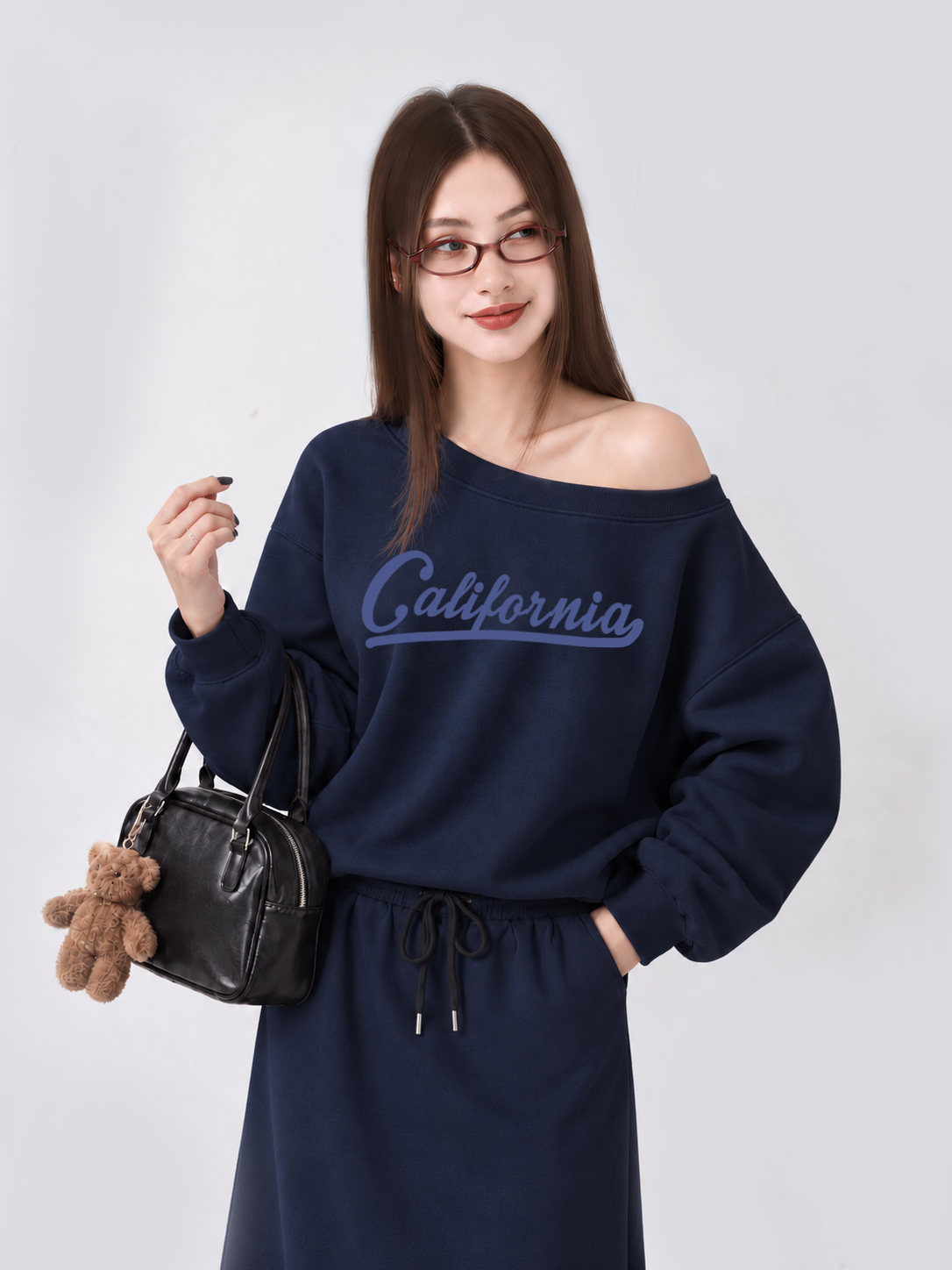 Áo Sweater Lệch Vai Nỉ Hai Da USA Califorinia Blue