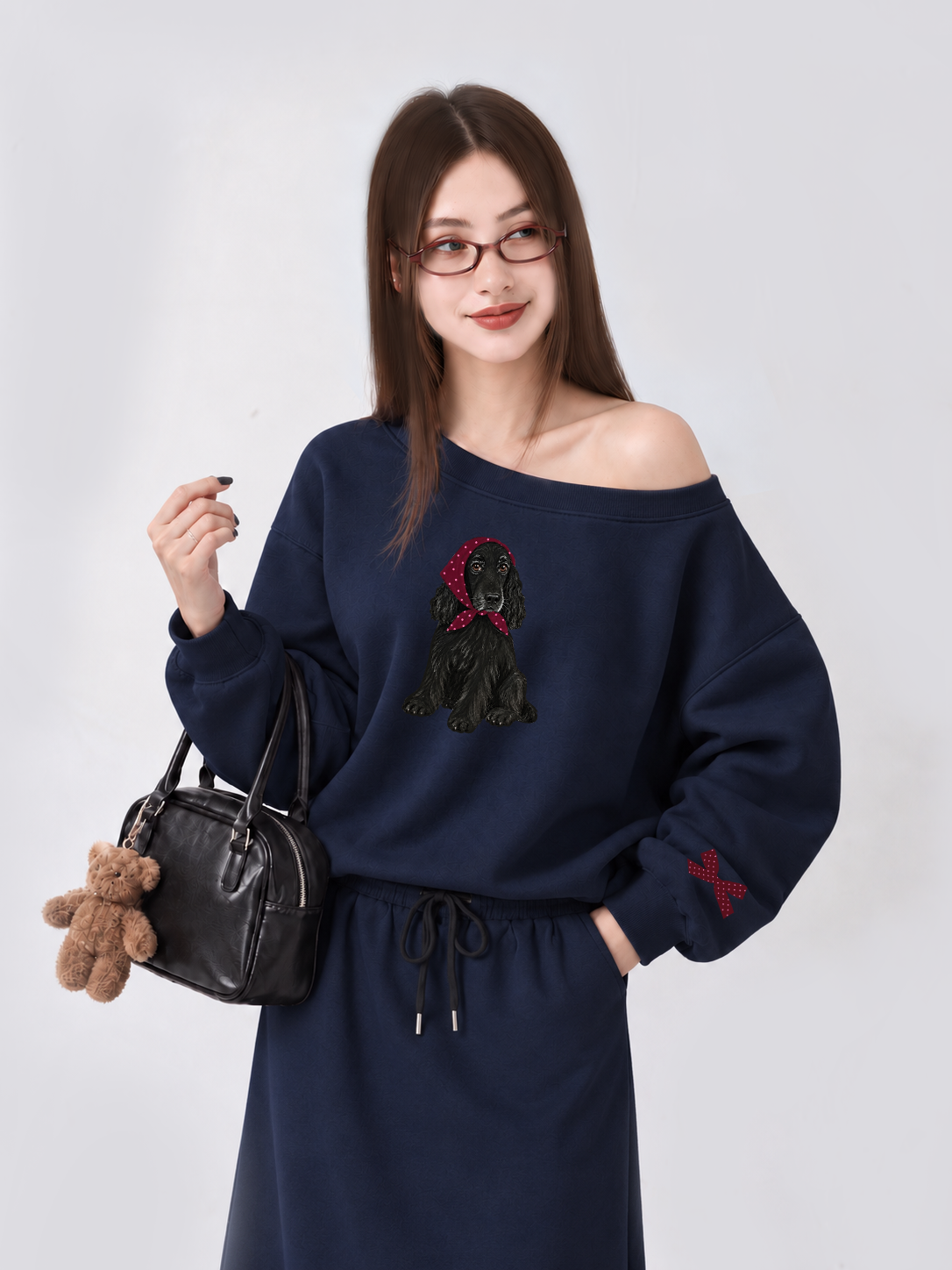 Áo Sweater Lệch Vai Nỉ Hai Da Burgundy Badana Puppy