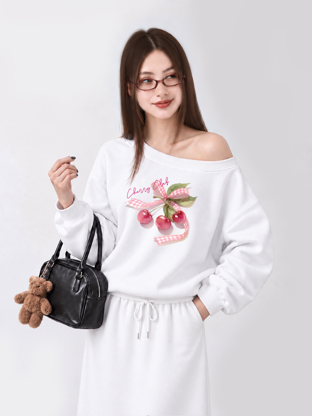 Áo Sweater Lệch Vai Nỉ Hai Da Cherry Club Pink Plaid