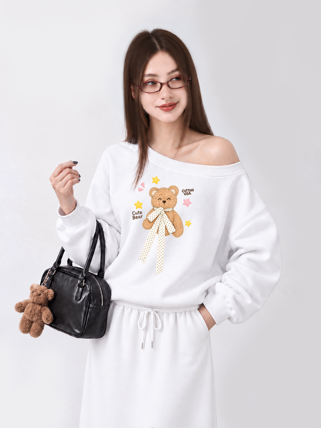 Áo Sweater Lệch Vai Nỉ Hai Da Cute Bear