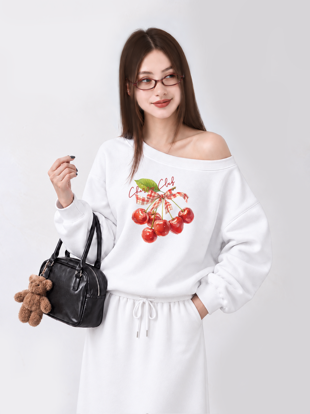 Áo Sweater Lệch Vai Nỉ Hai Da Cherry Red Cherry Club