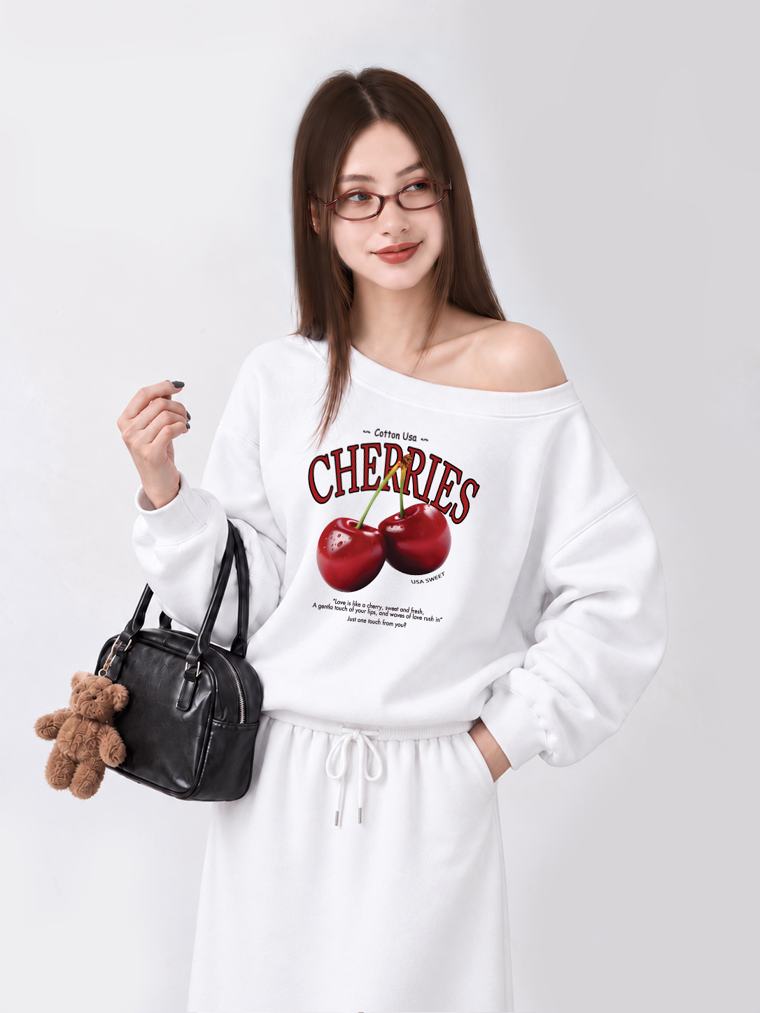 Áo Sweater Lệch Vai Nỉ Hai Da Tropical Cherries Sweet