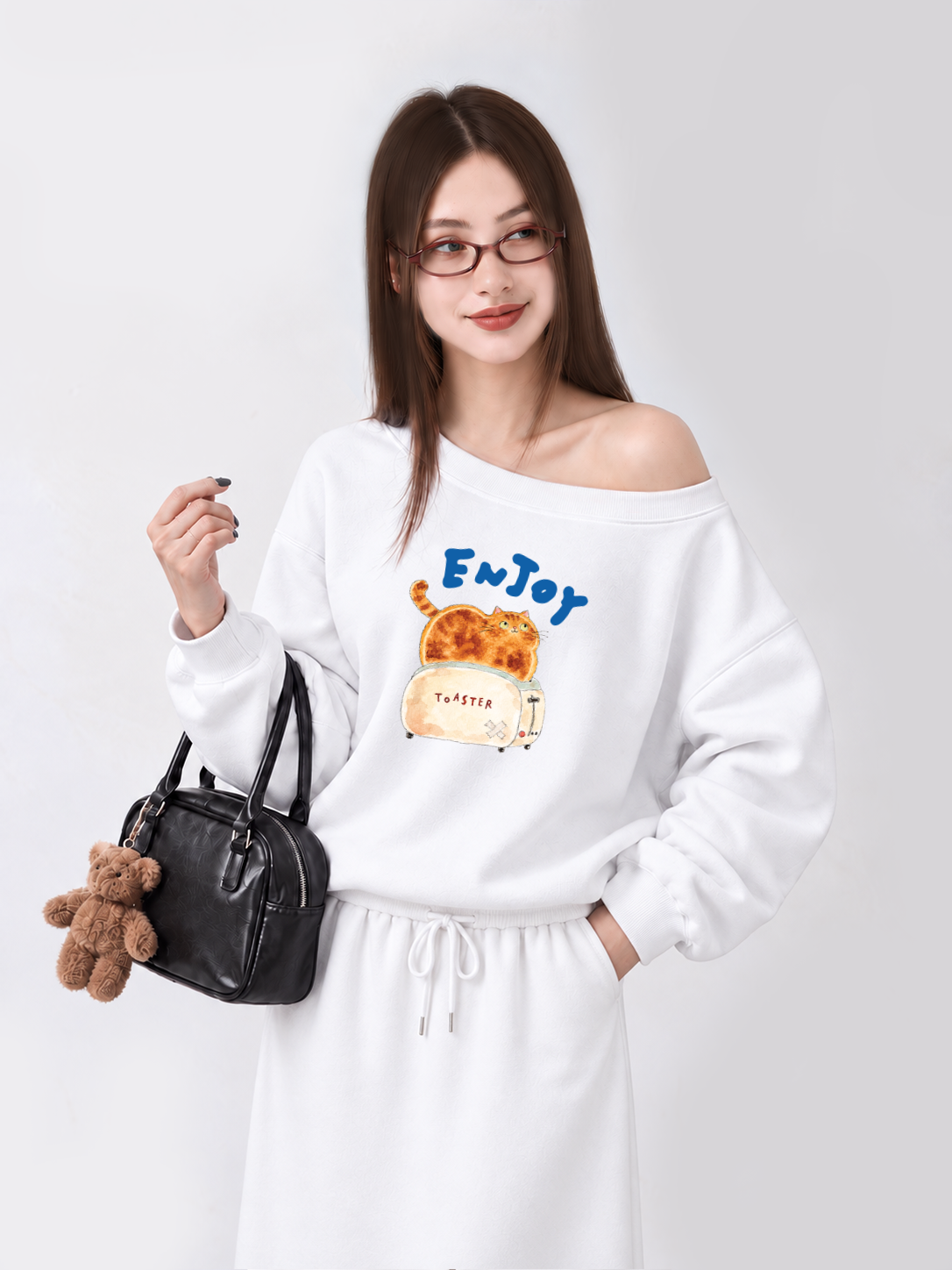 Áo Sweater Lệch Vai Nỉ Hai Da Enjoy Cat Toaster