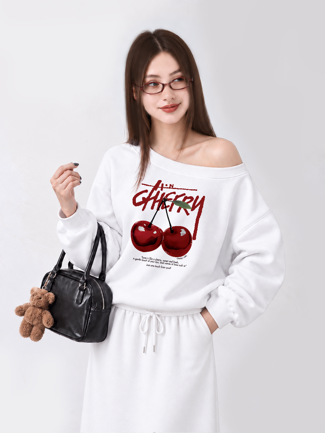 Áo Sweater Lệch Vai Nỉ Hai Da Cherry X Cotton USA Love