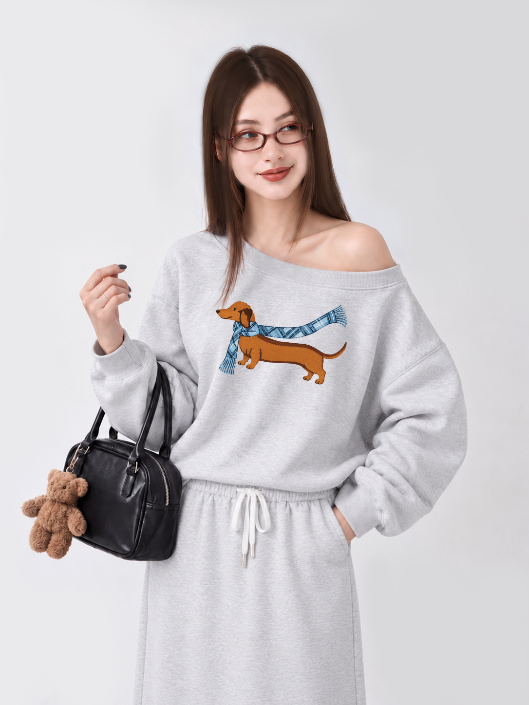 Áo Sweater Lệch Vai Nỉ Hai Da Blue Plaid Outfit Puppy