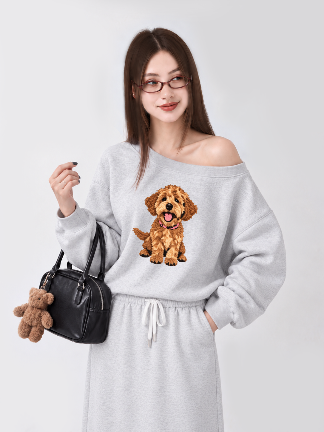 Áo Sweater Lệch Vai Nỉ Hai Da Cute Brown Puppy