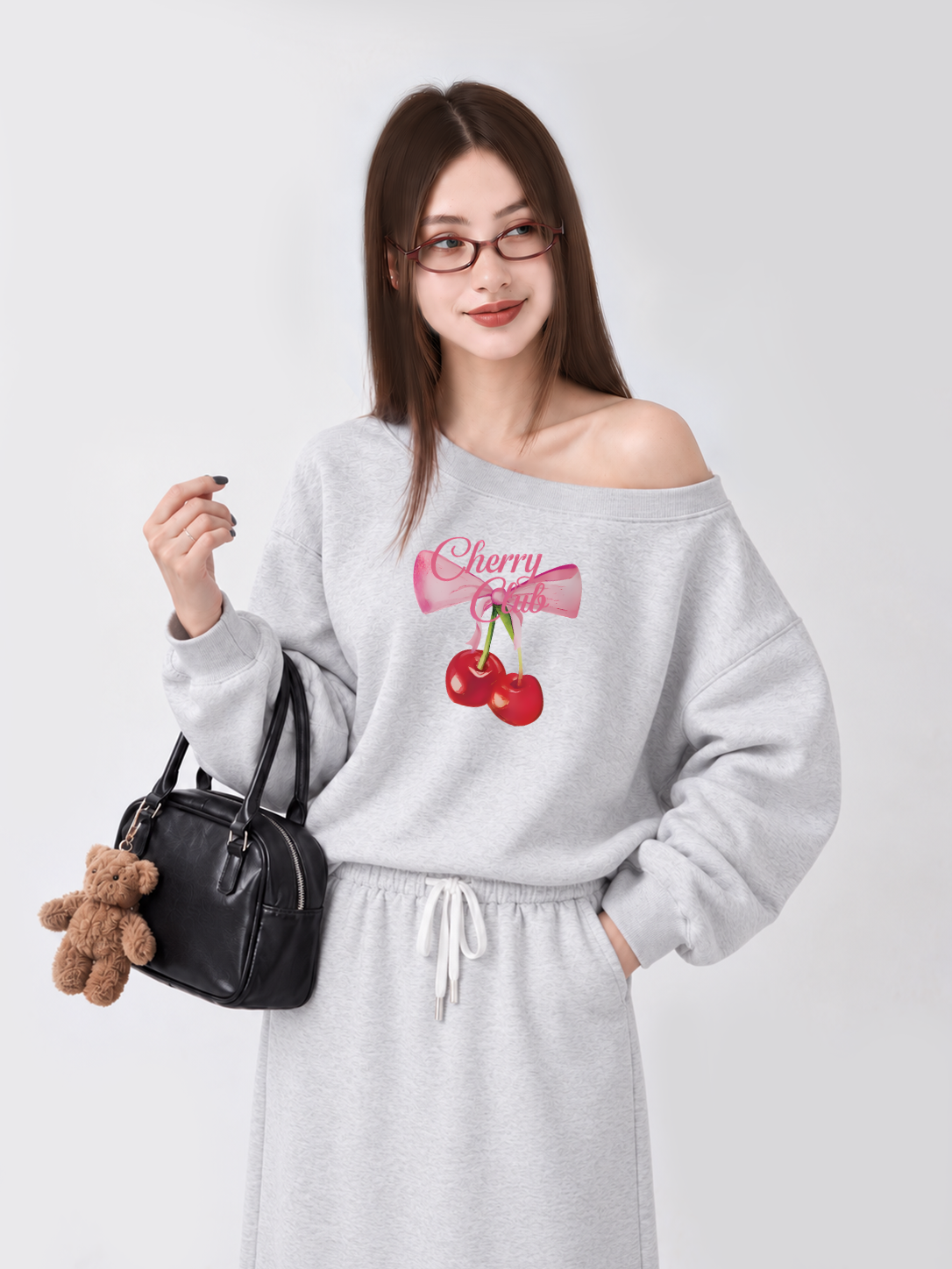Áo Sweater Lệch Vai Nỉ Hai Da Cherry Club Coquette