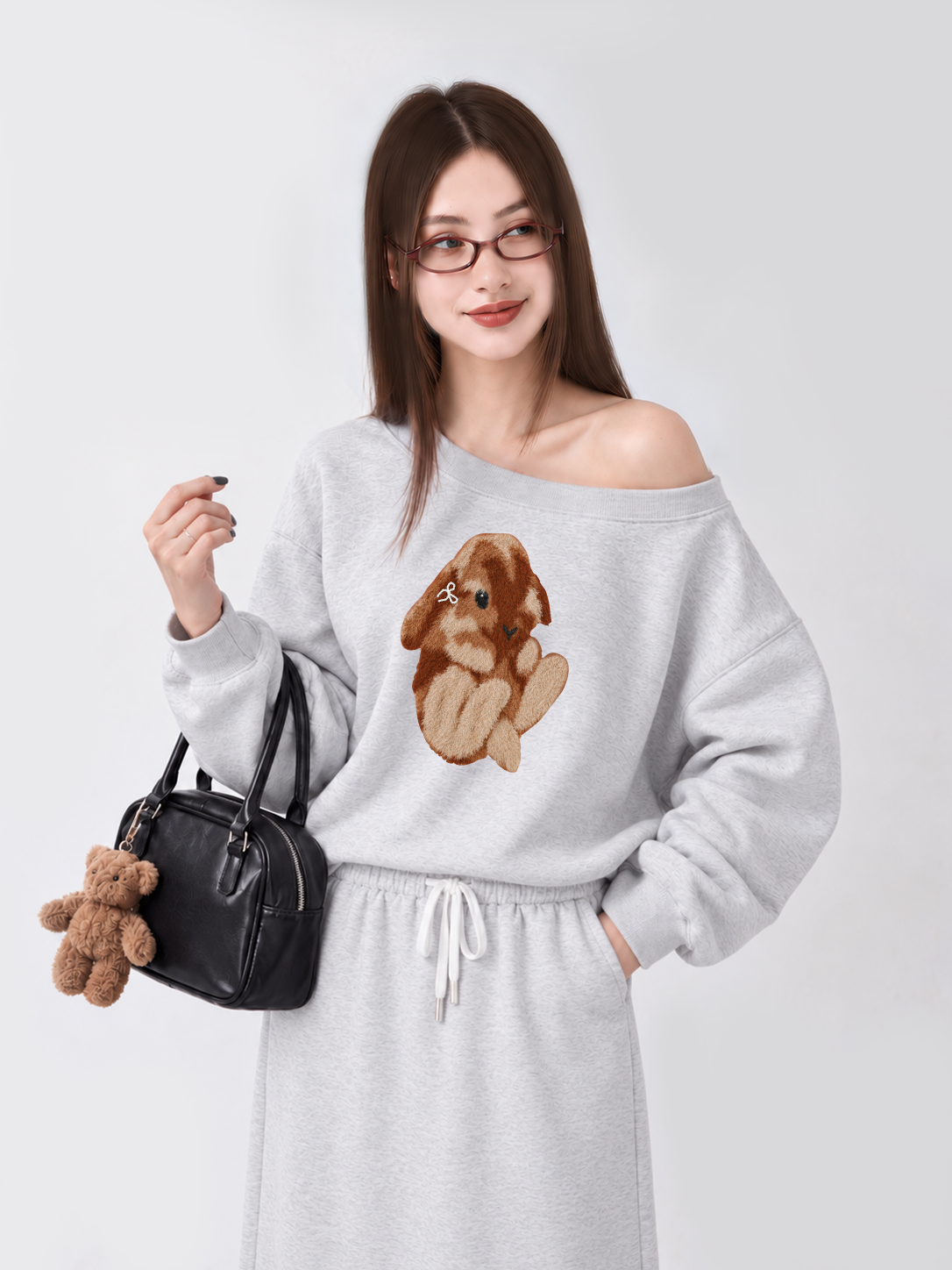 Áo Sweater Lệch Vai Nỉ Hai Da Cute Bunny