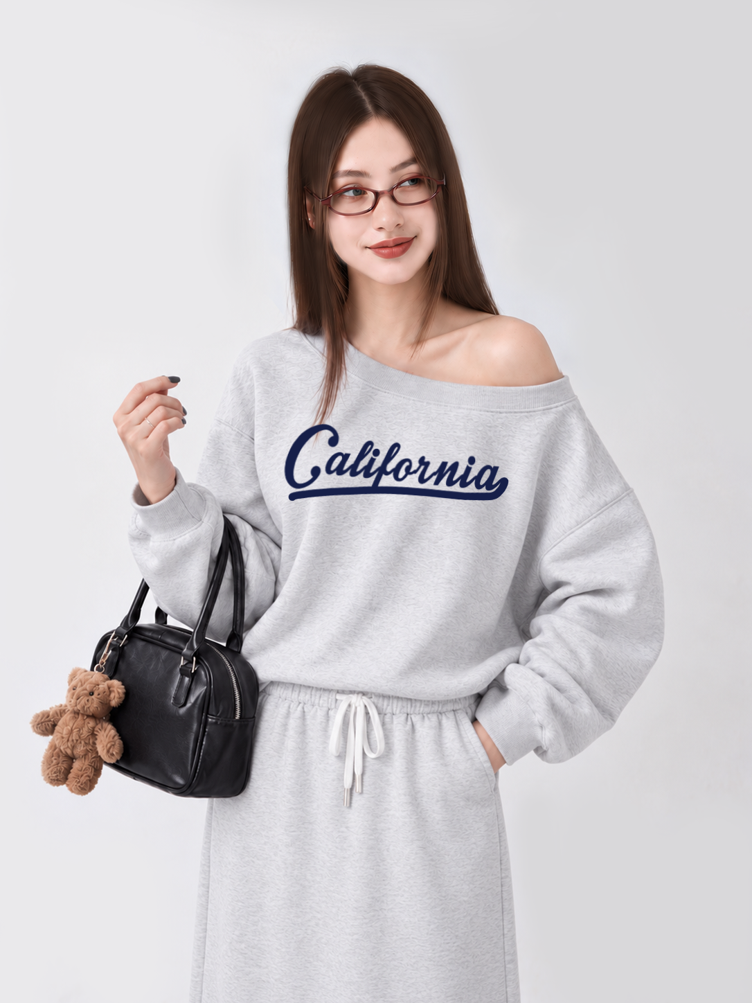 Áo Sweater Lệch Vai Nỉ Hai Da USA Califorinia Blue