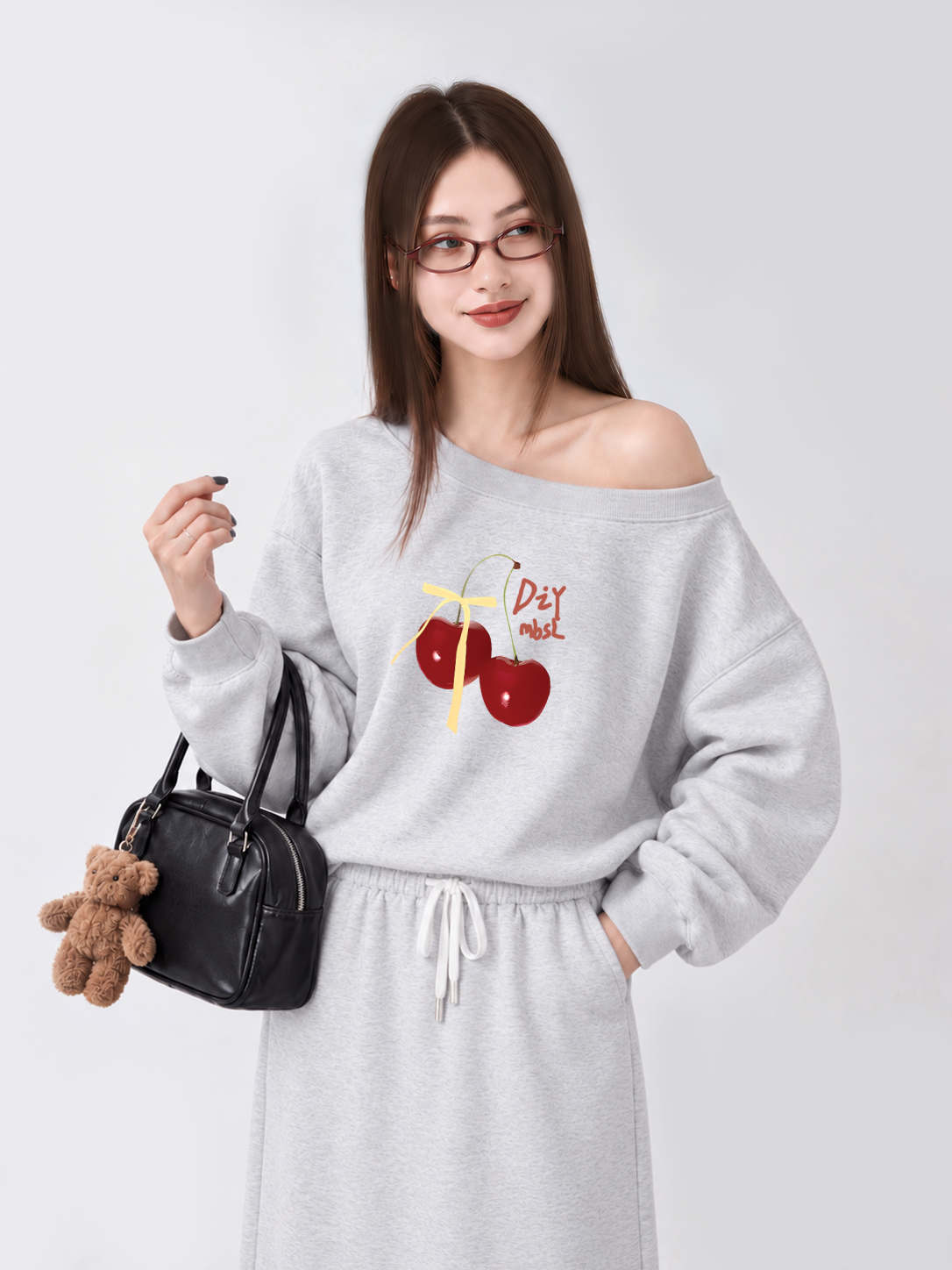 Áo Sweater Lệch Vai Nỉ Hai Da Cherry Yellow Bow