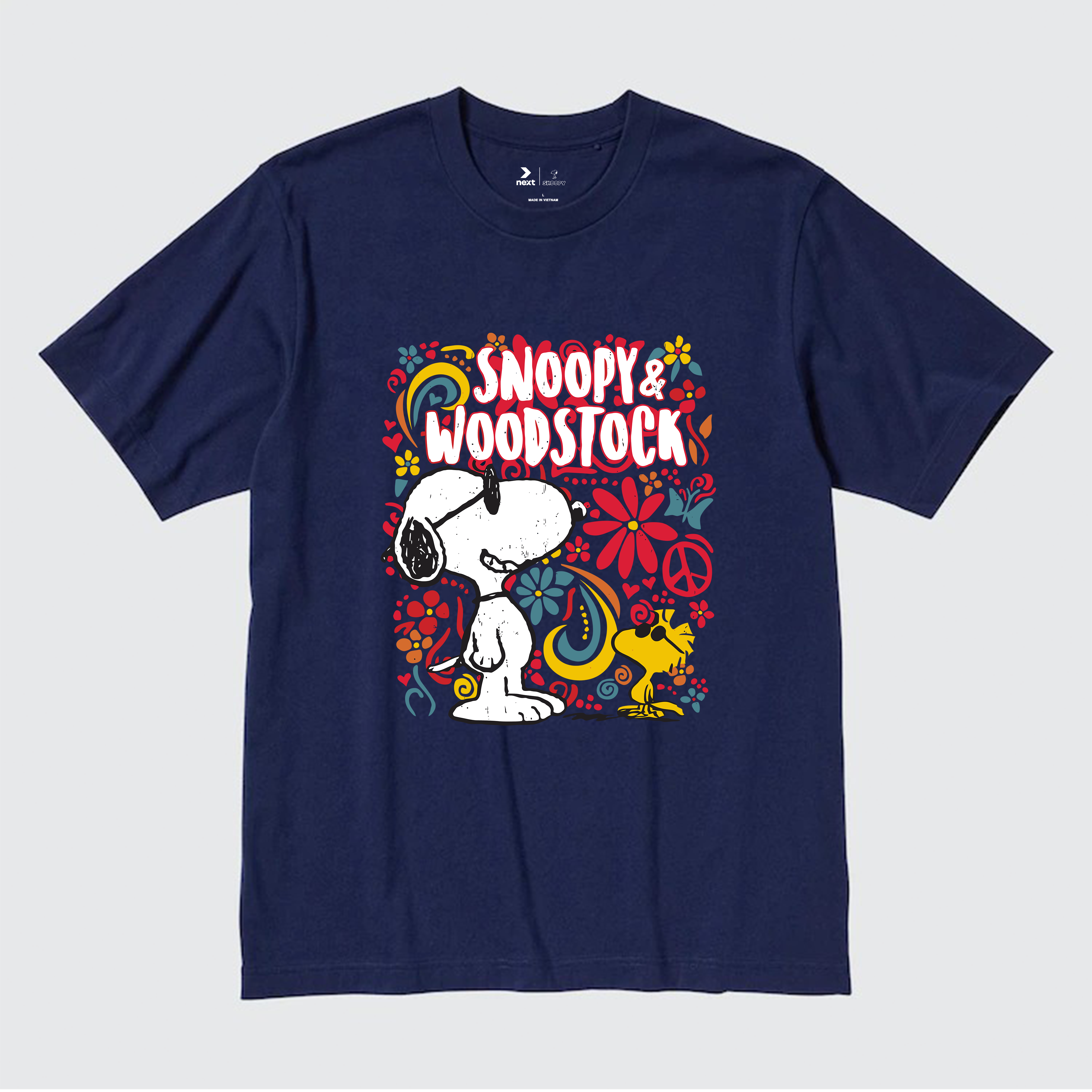 SNOOPY PEANUTS 70S FLORAL WOODSTOCK T-SHIRT / NAVY