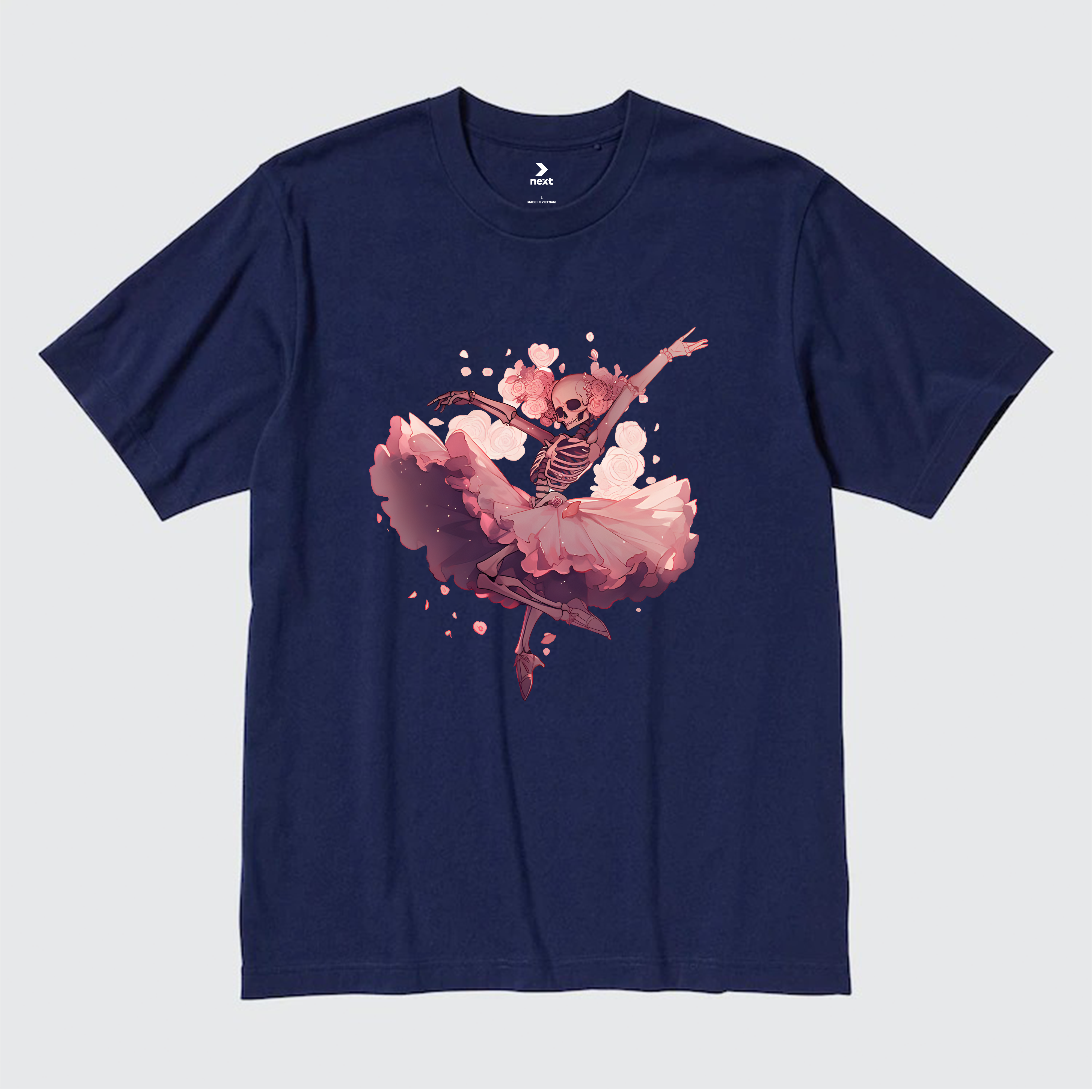 SKULL ROSE BALLET PINK T-SHIRT / NAVY