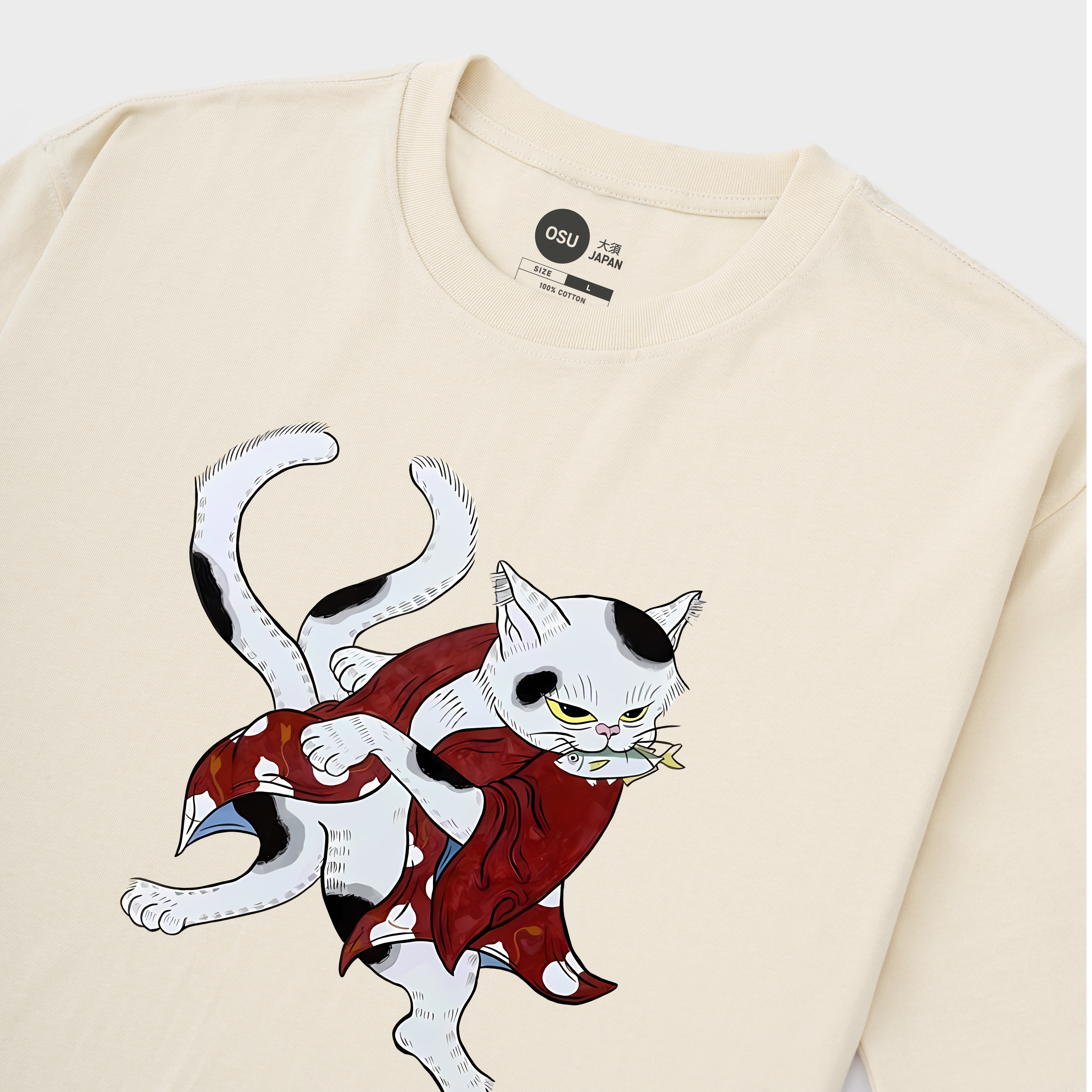 JAPANESE CAT MOUTH EATS FISH T-SHIRT / KEM