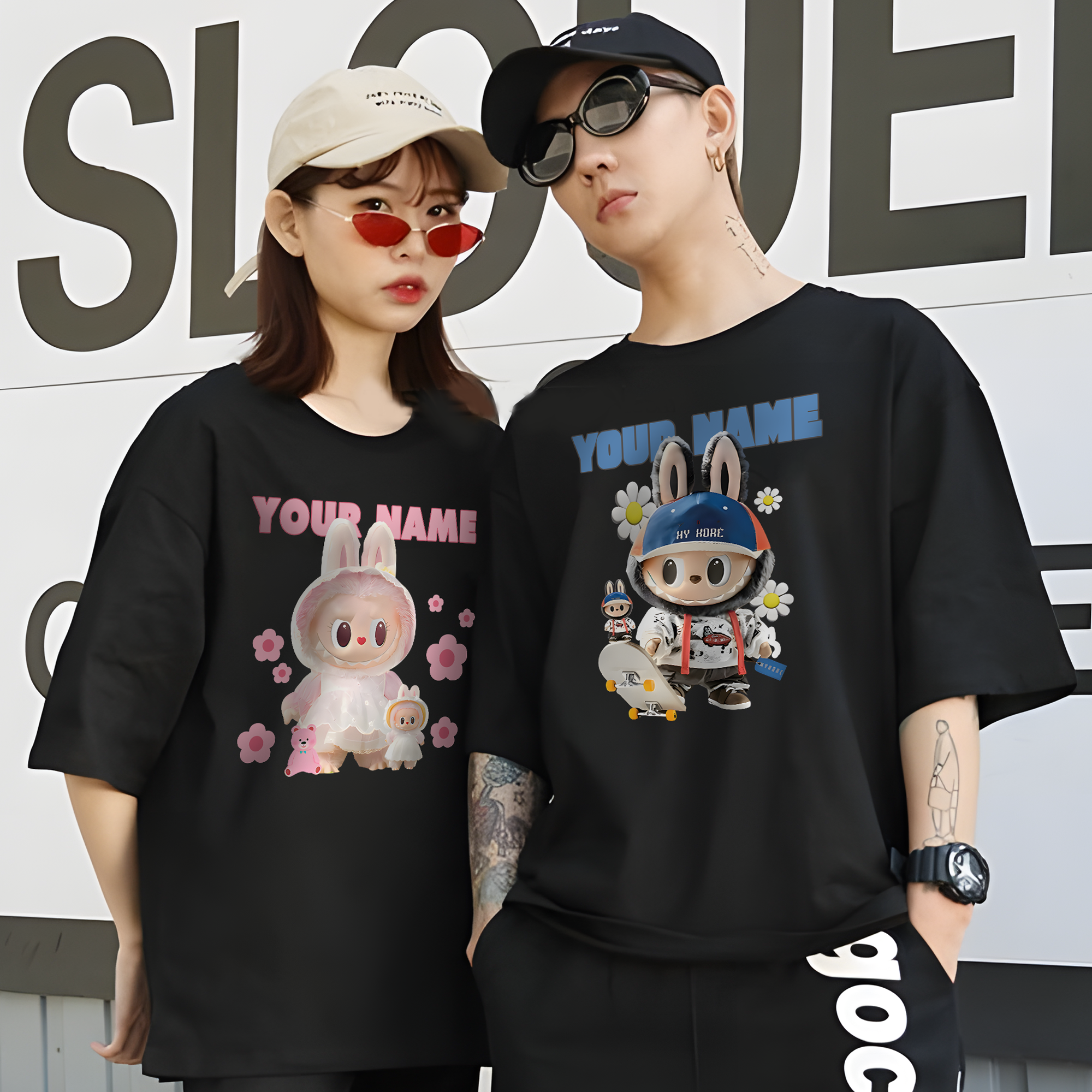 Custom Couple Labubu Flower T-Shirt