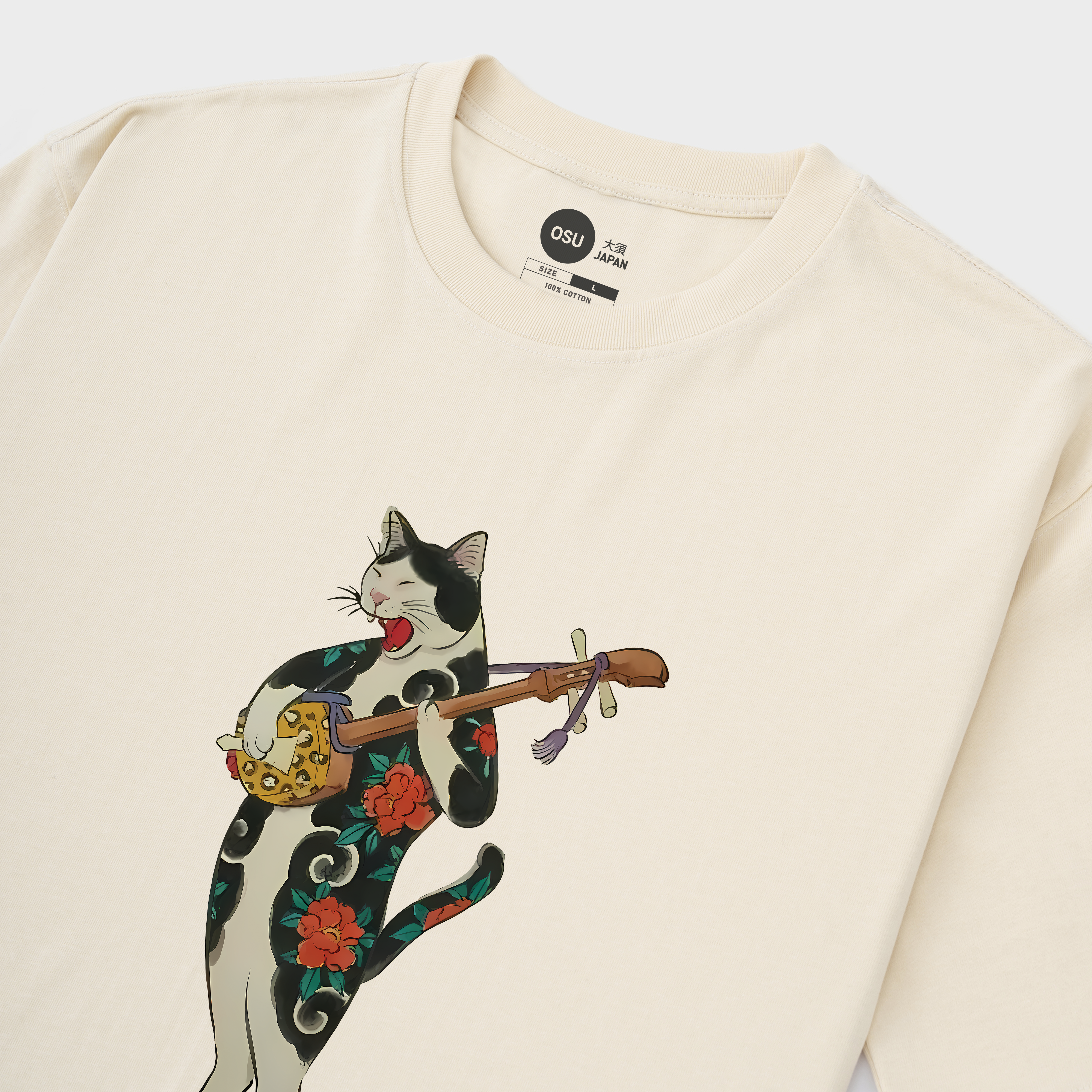 JAPANESE CAT HOLDING A GUITAR T-SHIRT / KEM