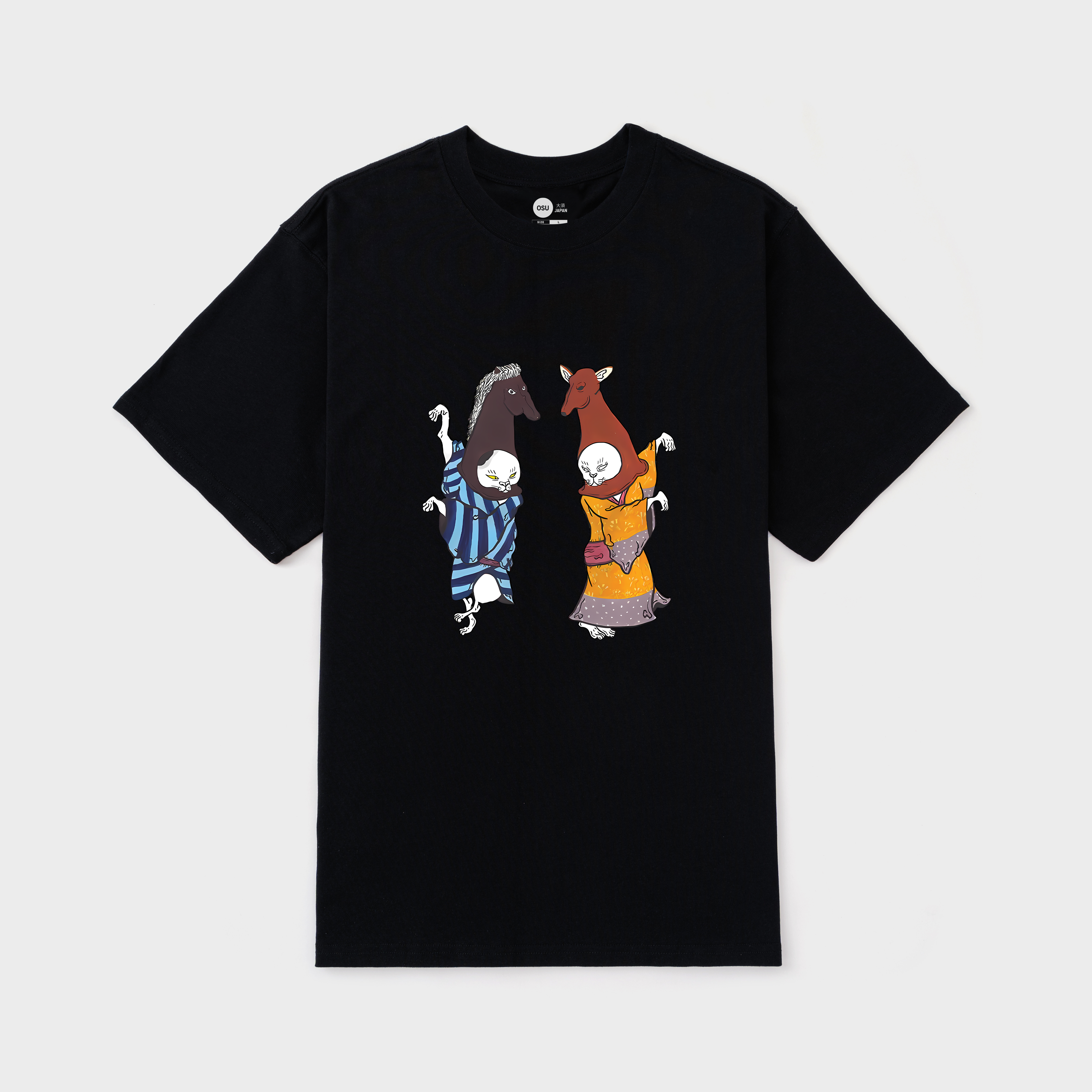 JAPANESE CAT WITH HORSE HEAD DANCING T-SHIRT / ĐEN