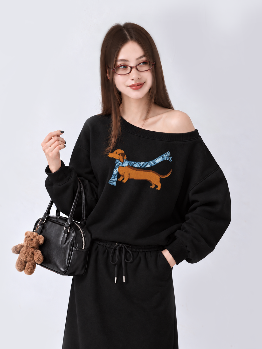 Áo Sweater Lệch Vai Nỉ Hai Da  Blue Plaid Outfit Puppy