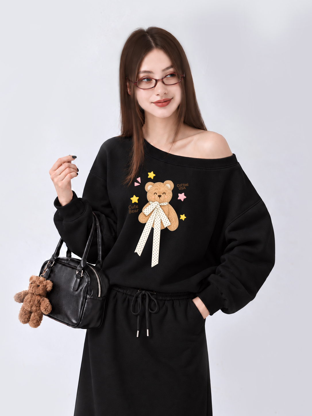 Áo Sweater Lệch Vai Nỉ Hai Da Cute Bear