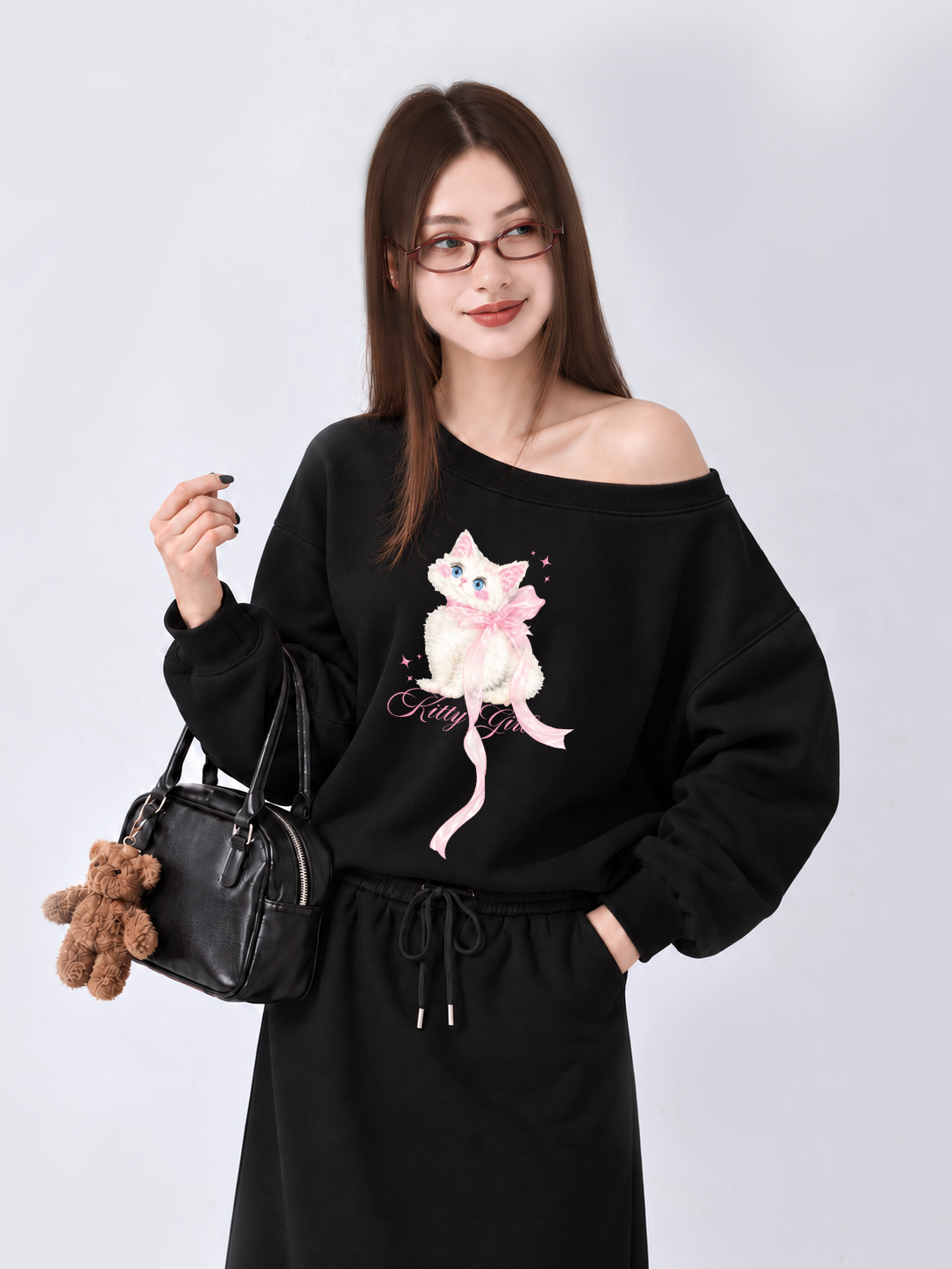 Áo Sweater Lệch Vai Nỉ Hai Da Kitty Girl