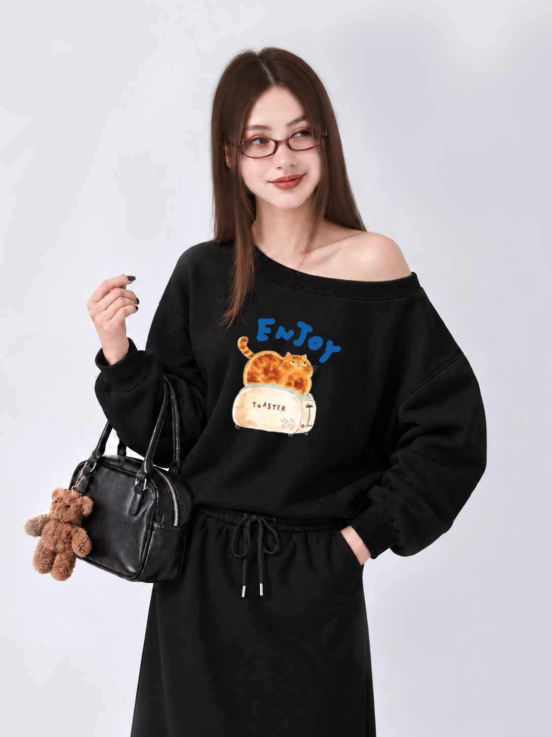 Áo Sweater Lệch Vai Nỉ Hai Da Enjoy Cat Toaster