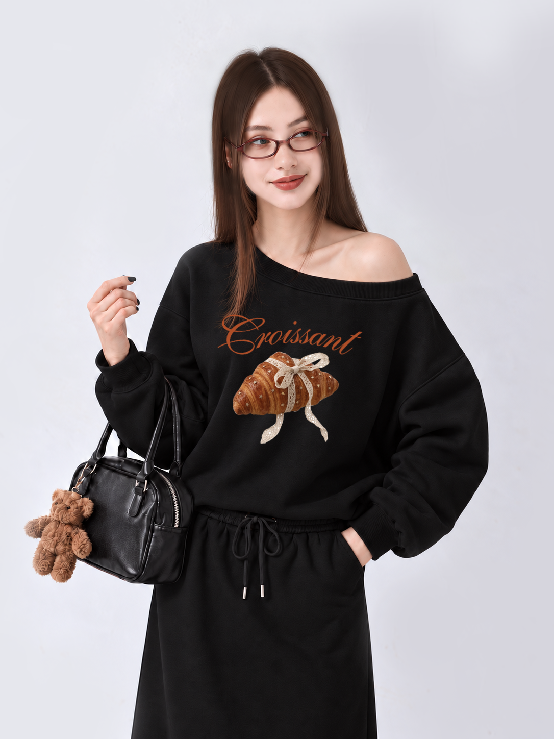 Áo Sweater Lệch Vai Nỉ Hai Da Coquette Croissant