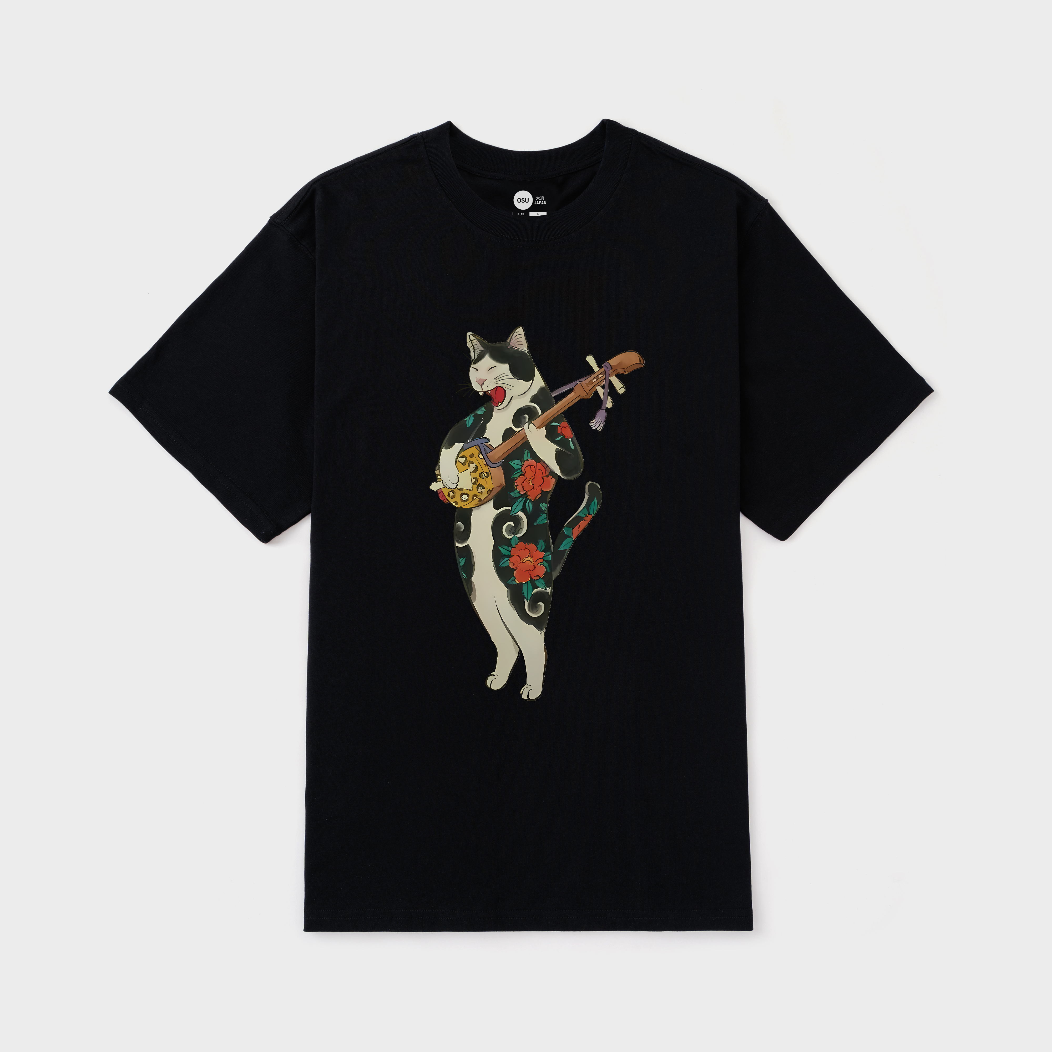 JAPANESE CAT HOLDING A GUITAR T-SHIRT / ĐEN