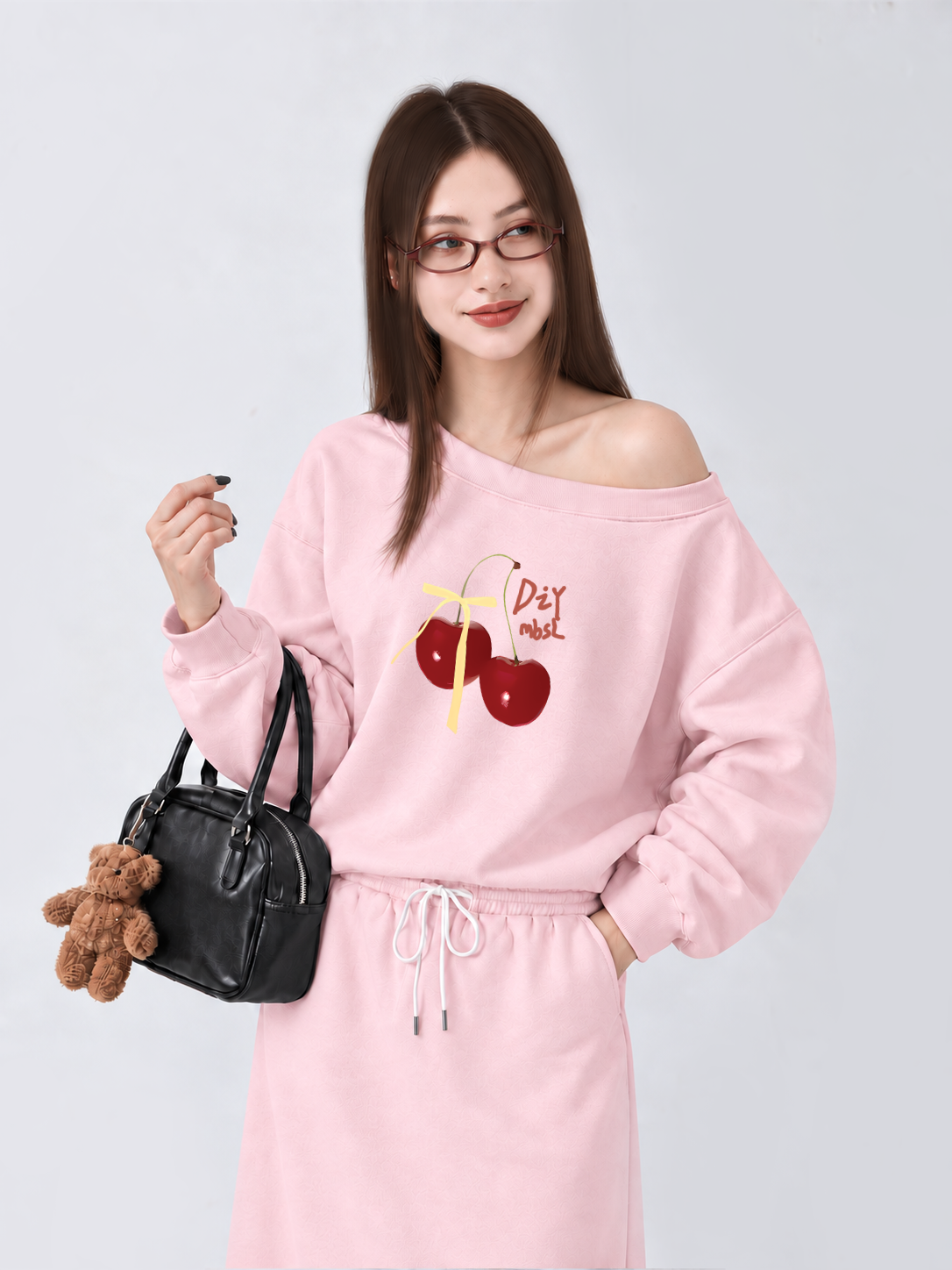 Áo Sweater Lệch Vai Nỉ Hai Da Cherry Yellow Bow