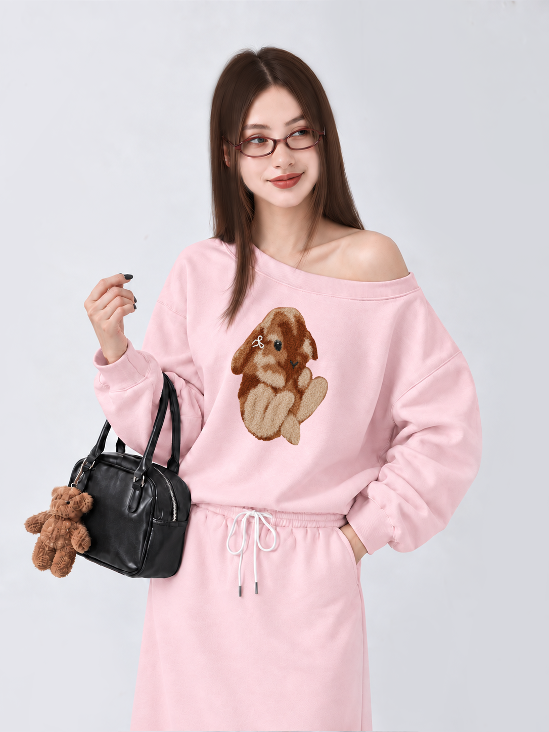 Áo Sweater Lệch Vai Nỉ Hai Da  Cute Bunny