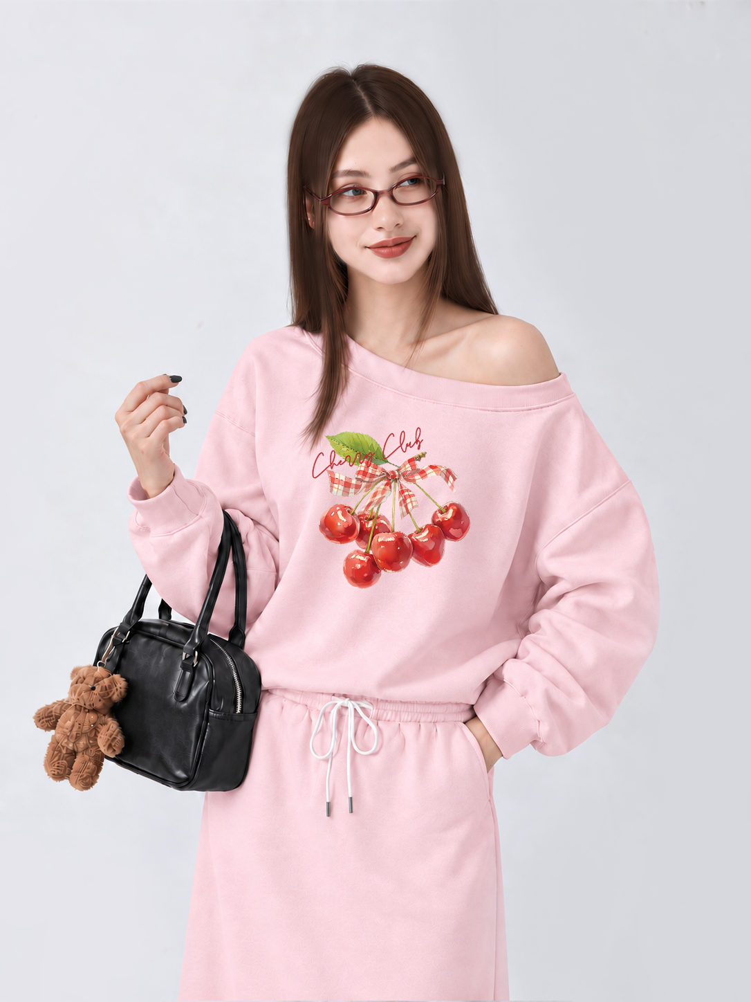 Áo Sweater Lệch Vai Nỉ Hai Da Cherry Red Cherry Club