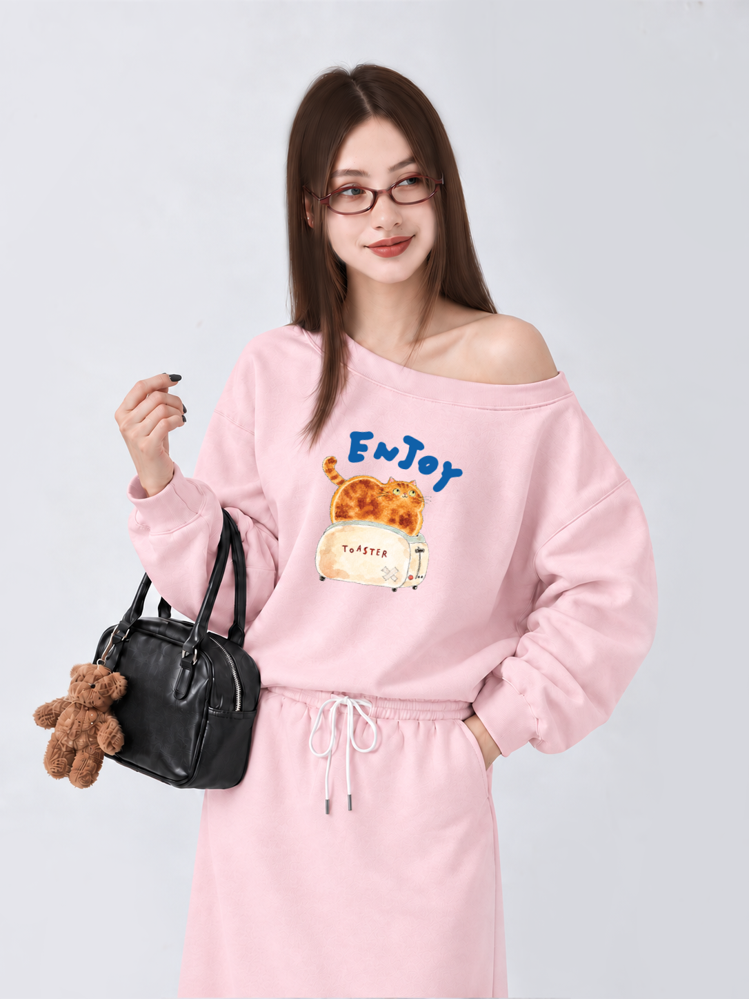 Áo Sweater Lệch Vai Nỉ Hai Da Enjoy Cat Toaster