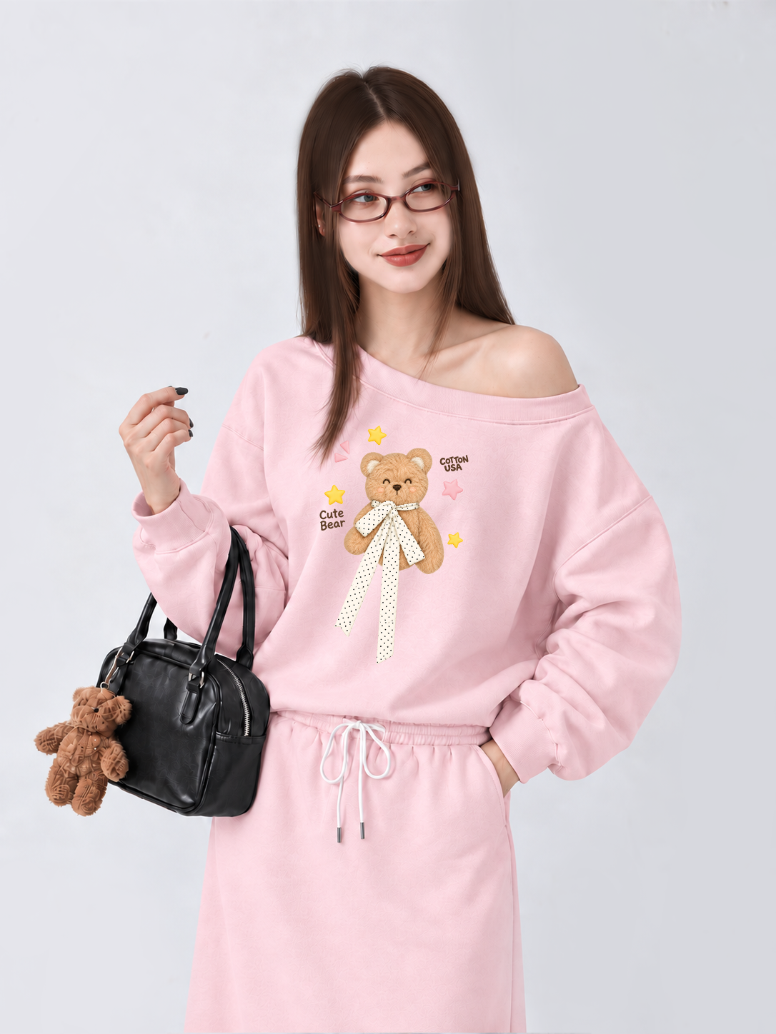 Áo Sweater Lệch Vai Nỉ Hai Da Cute Bear