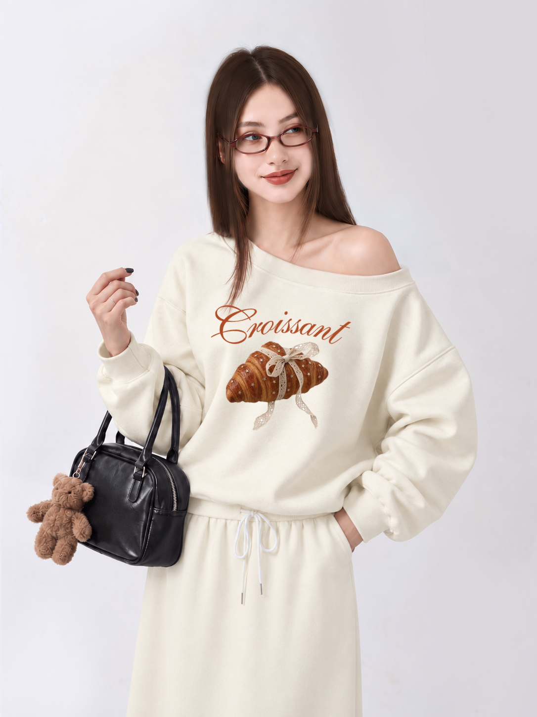 Áo Sweater Lệch Vai Nỉ Hai Da Coquette Croissant