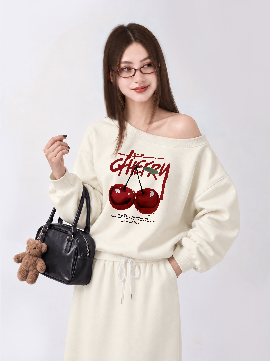 Áo Sweater Lệch Vai Nỉ Hai Da Cherry X Cotton USA Love