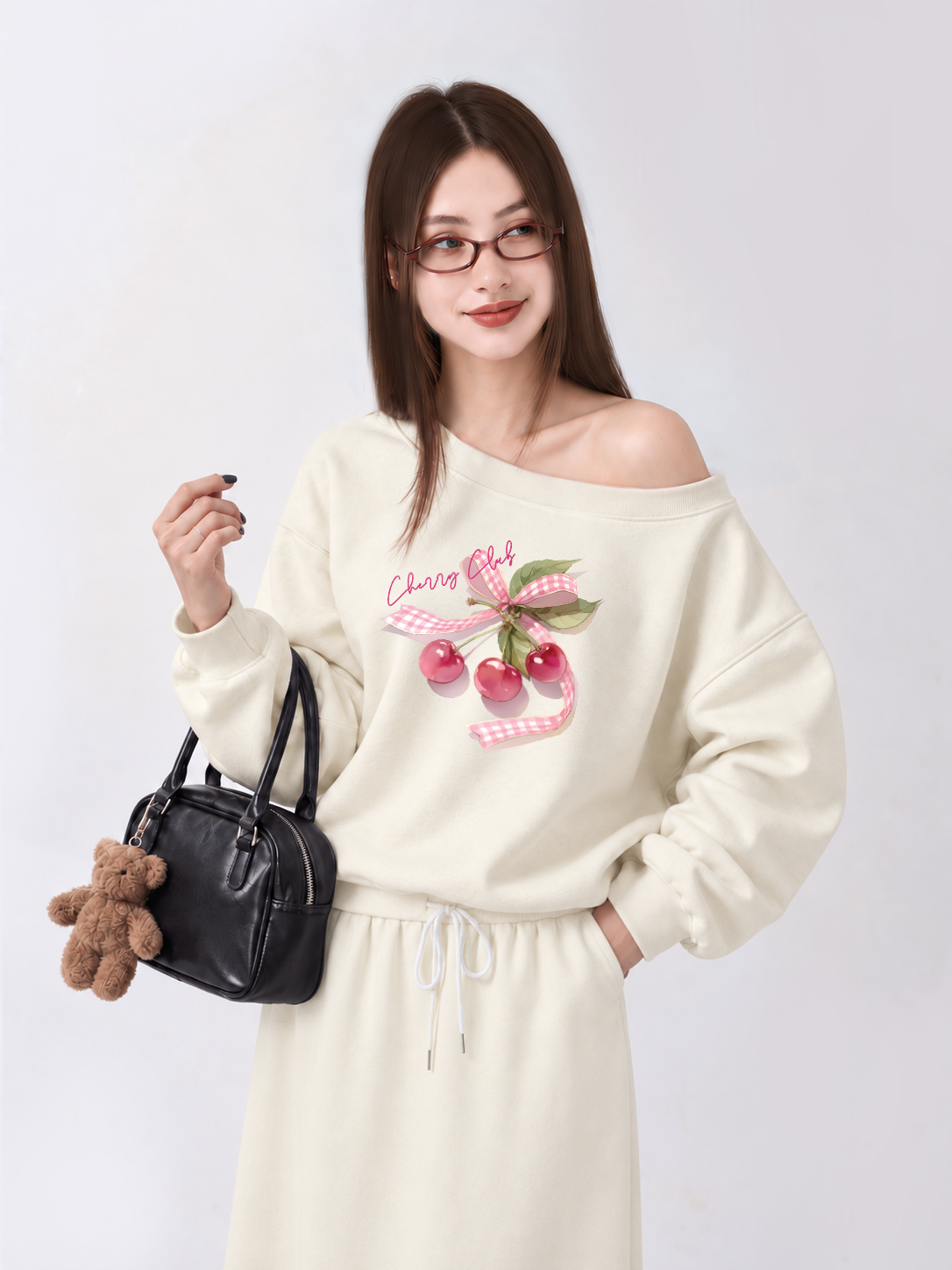 Áo Sweater Lệch Vai Nỉ Hai Da Cherry Club Pink Plaid